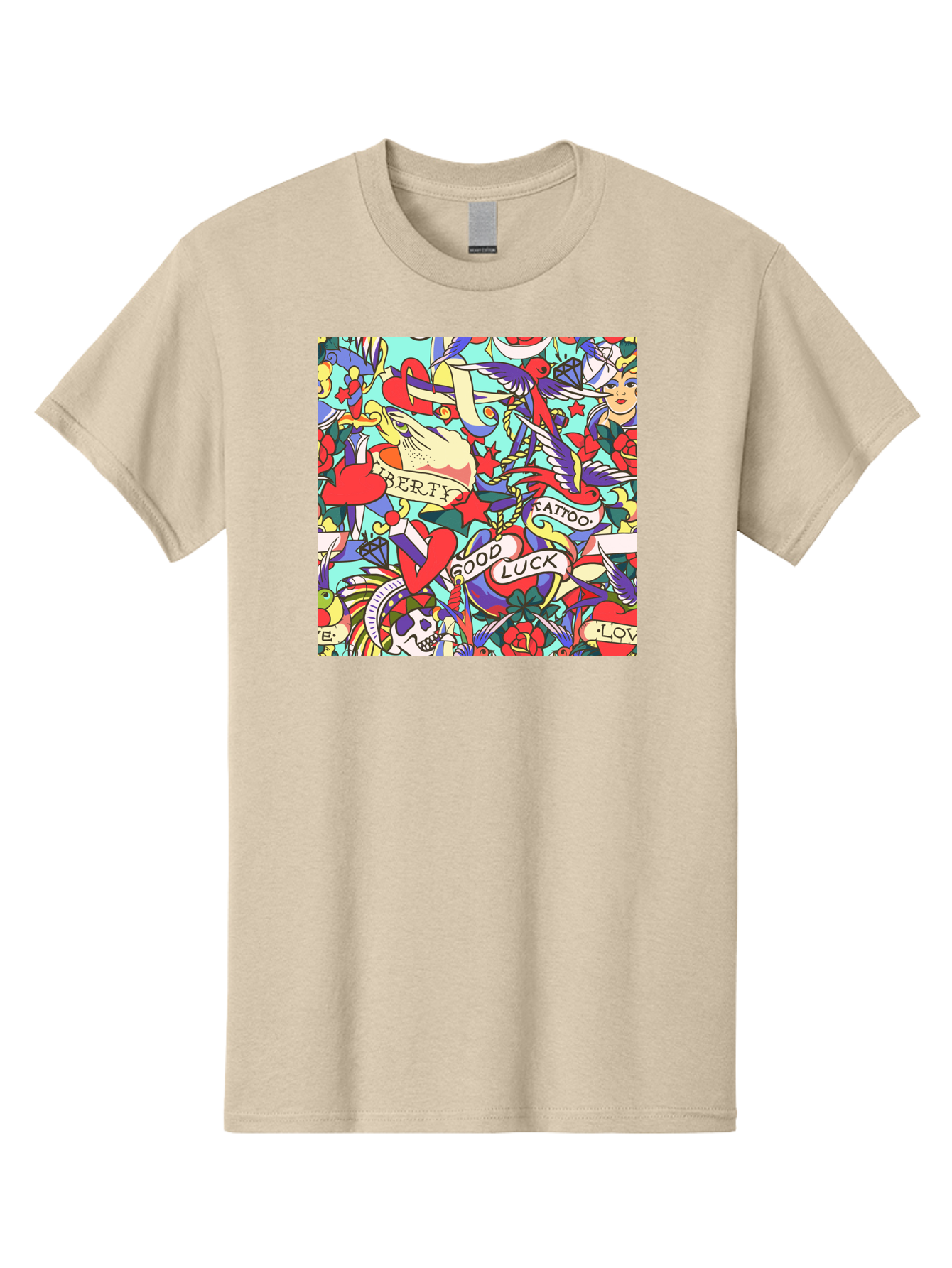 Tattoo-Pattern Men'S Graphic Tee, 100% Cotton, Comfortable Casual Summer Wear, Machine Washable, Vintage Tattoo Designs, Colorful Illustrations, Nautical Symbols, Love Hearts, Doves, Lady Heads, Roses, Skulls, Stars, Feathers, Banners, Aac425