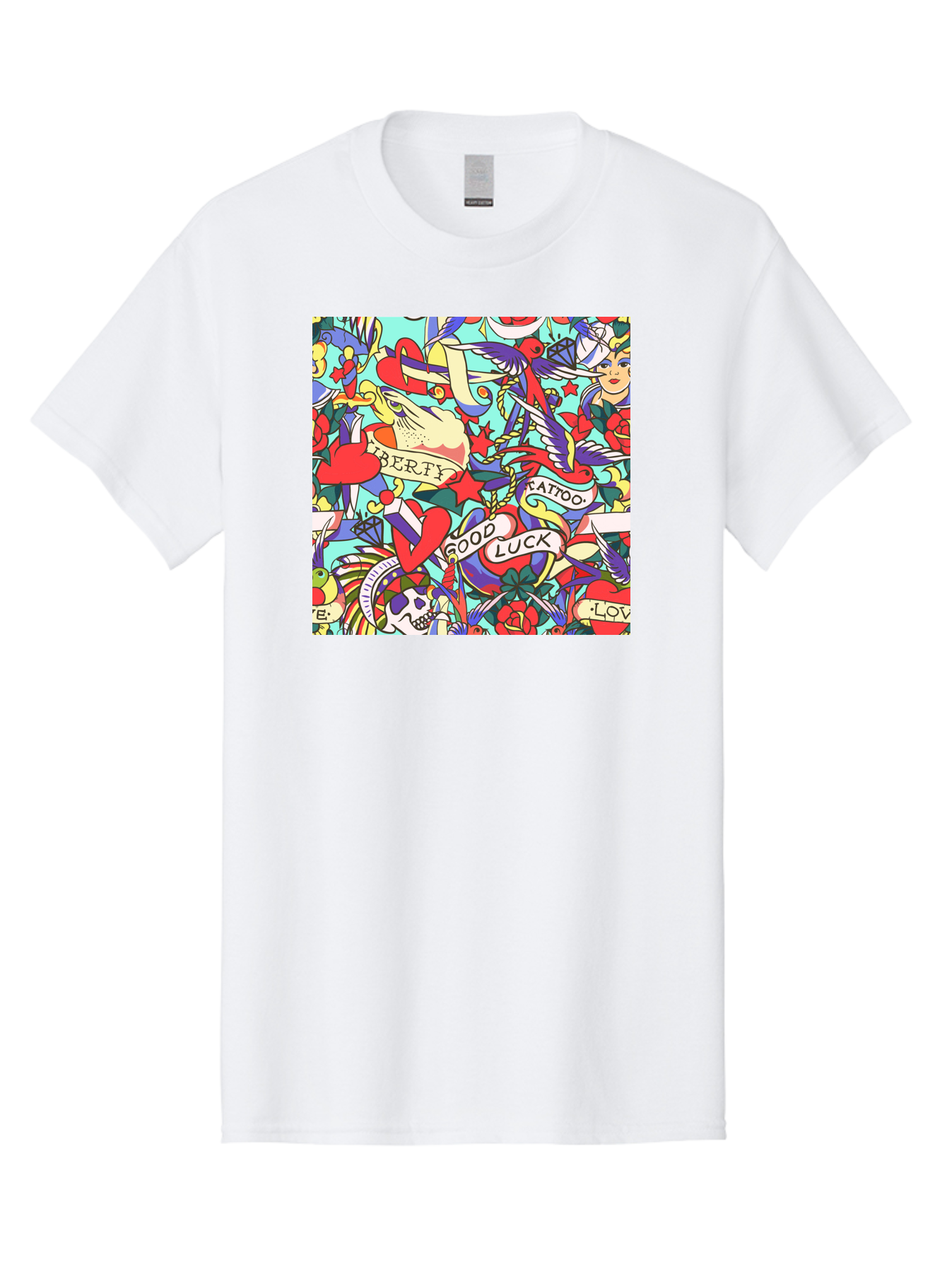 Tattoo-Pattern Men'S Graphic Tee, 100% Cotton, Comfortable Casual Summer Wear, Machine Washable, Vintage Tattoo Designs, Colorful Illustrations, Nautical Symbols, Love Hearts, Doves, Lady Heads, Roses, Skulls, Stars, Feathers, Banners, Aac425