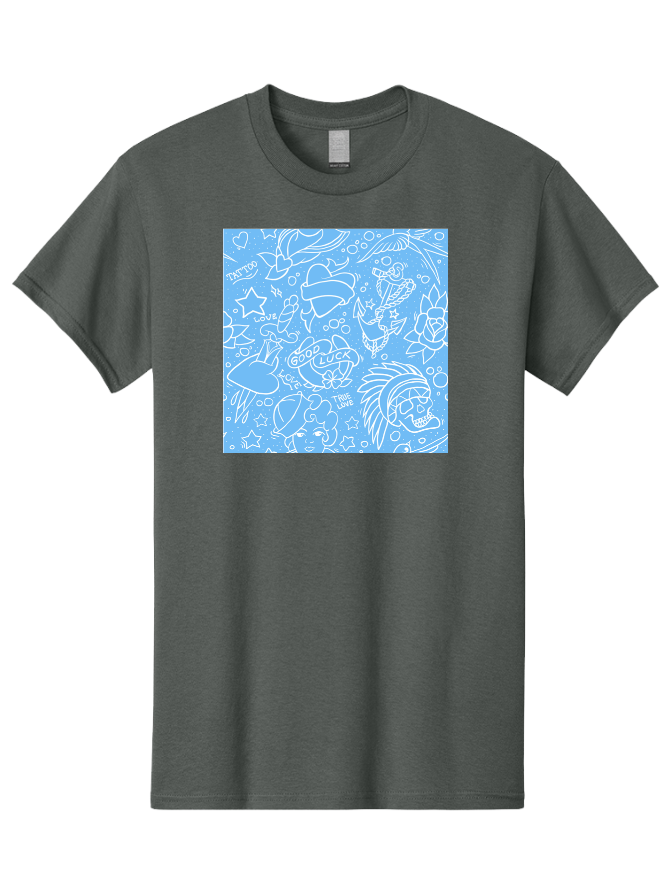 Tattoo Men'S Graphic Tee, 100% Cotton, Comfortable Casual Summer Wear, Machine Washable, Tattoo Designs, Skull Illustrations, Floral Motifs, Star Patterns, Banner Graphics, Ribbon Elements, Whimsical Doodles, Symbolic Imagery, Body Art Aac426