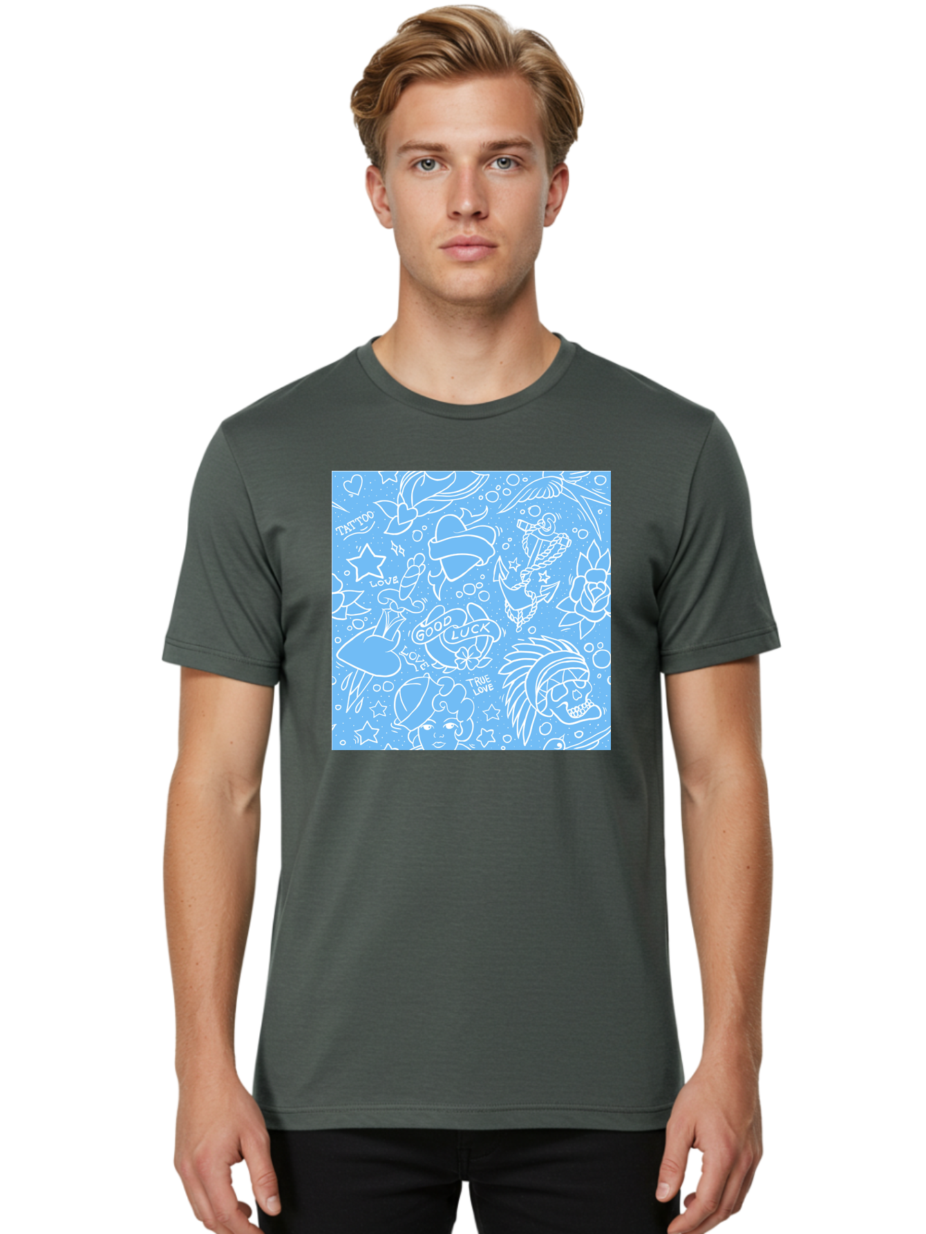 Tattoo Men'S Graphic Tee, 100% Cotton, Comfortable Casual Summer Wear, Machine Washable, Tattoo Designs, Skull Illustrations, Floral Motifs, Star Patterns, Banner Graphics, Ribbon Elements, Whimsical Doodles, Symbolic Imagery, Body Art Aac426