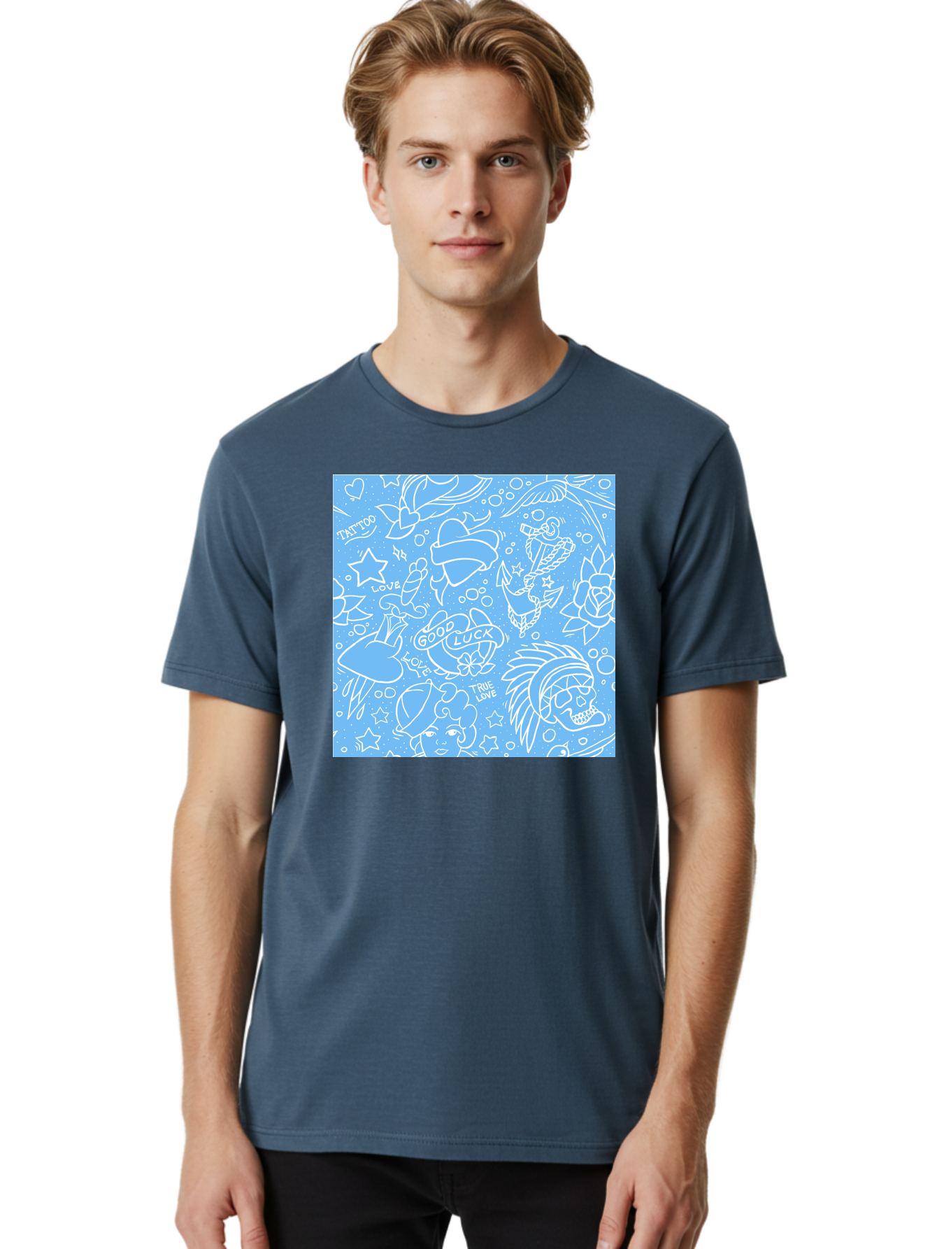 Tattoo Men'S Graphic Tee, 100% Cotton, Comfortable Casual Summer Wear, Machine Washable, Tattoo Designs, Skull Illustrations, Floral Motifs, Star Patterns, Banner Graphics, Ribbon Elements, Whimsical Doodles, Symbolic Imagery, Body Art Aac426