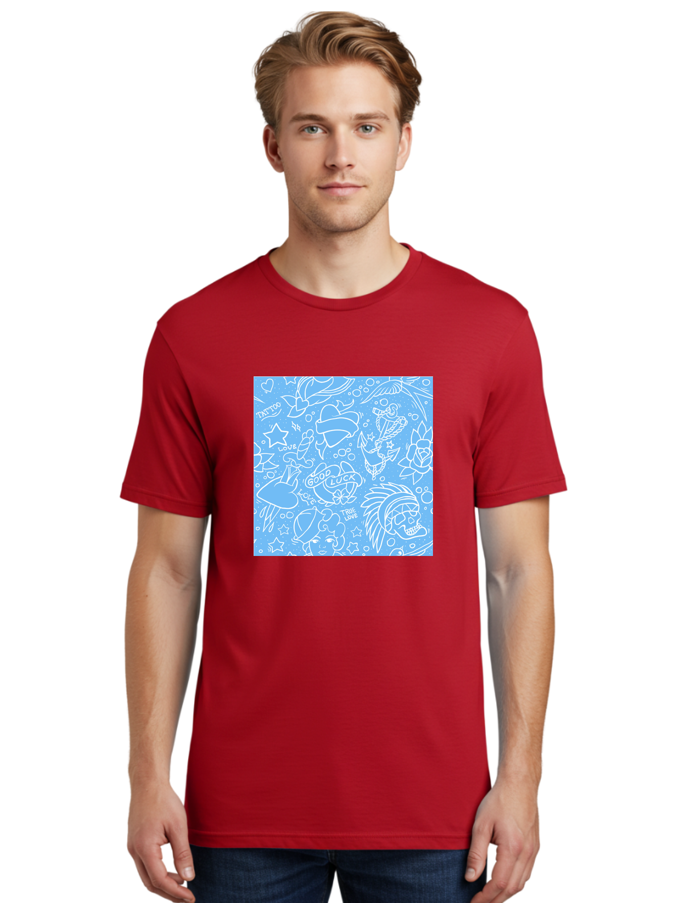 Tattoo Men'S Graphic Tee, 100% Cotton, Comfortable Casual Summer Wear, Machine Washable, Tattoo Designs, Skull Illustrations, Floral Motifs, Star Patterns, Banner Graphics, Ribbon Elements, Whimsical Doodles, Symbolic Imagery, Body Art Aac426