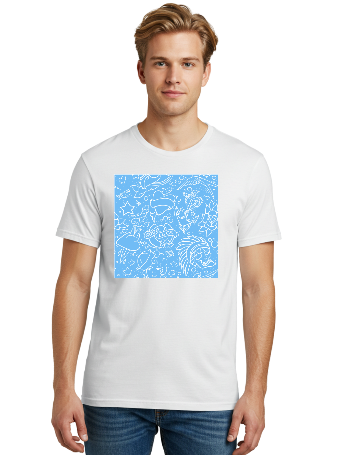Tattoo Men'S Graphic Tee, 100% Cotton, Comfortable Casual Summer Wear, Machine Washable, Tattoo Designs, Skull Illustrations, Floral Motifs, Star Patterns, Banner Graphics, Ribbon Elements, Whimsical Doodles, Symbolic Imagery, Body Art Aac426