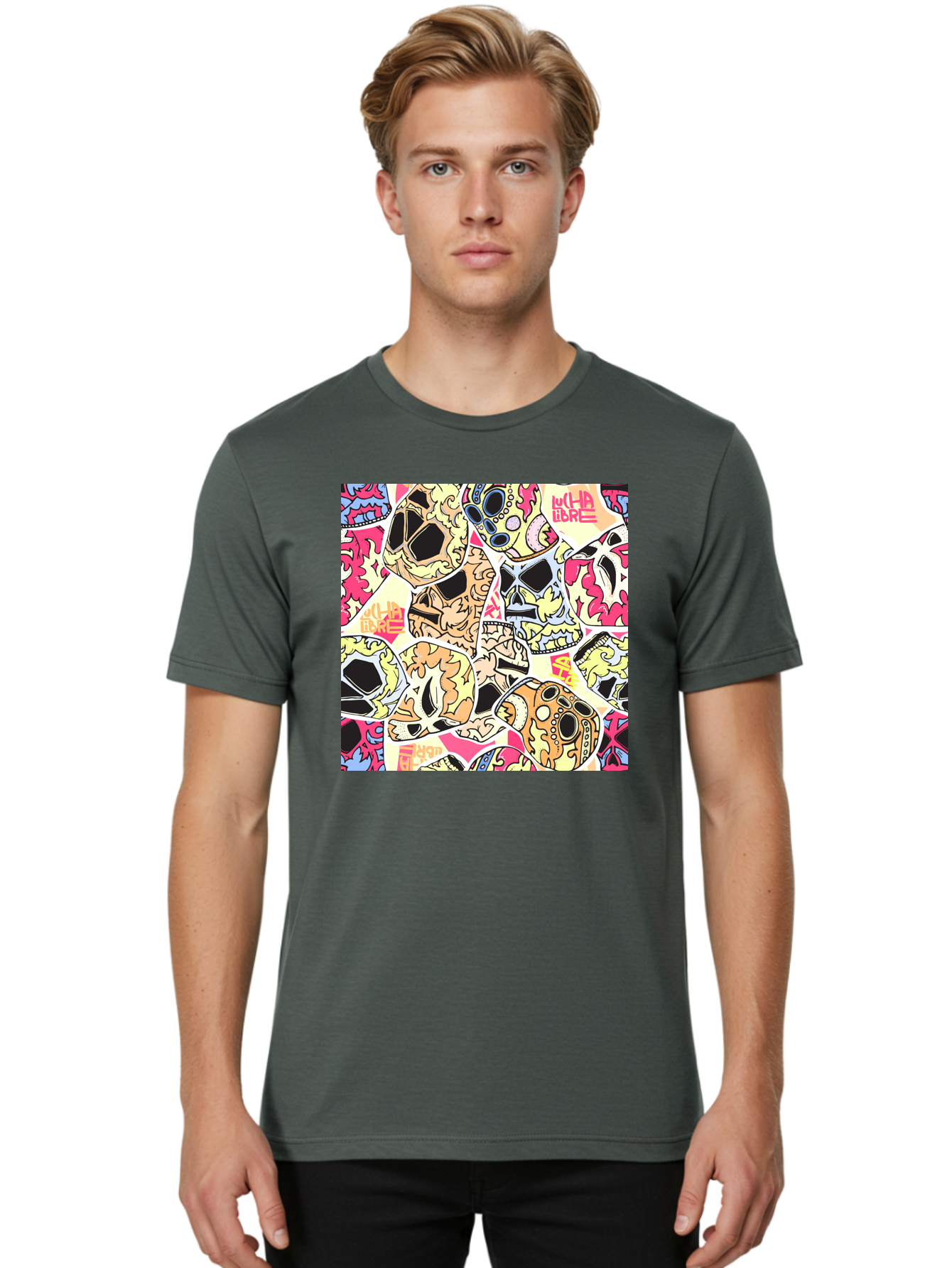 Wha-Libre Men'S Graphic Tee, 100% Cotton, Comfortable Casual Summer Wear, Machine Washable, Colorful Skulls, Sugar Skulls, Day Of The Dead, Vibrant Art, Wha Libre, Tattoo-Inspired Design, Street Art Style, Graphic Illustration, Ornate Details, Aac428