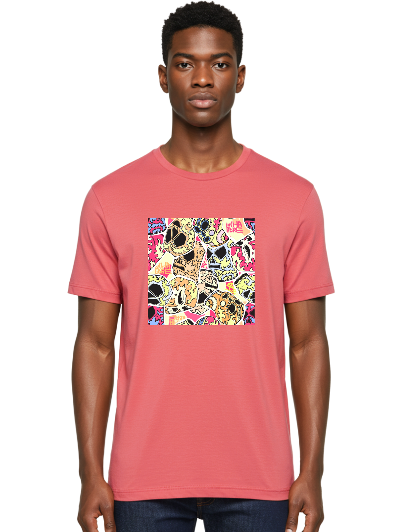 Wha-Libre Men'S Graphic Tee, 100% Cotton, Comfortable Casual Summer Wear, Machine Washable, Colorful Skulls, Sugar Skulls, Day Of The Dead, Vibrant Art, Wha Libre, Tattoo-Inspired Design, Street Art Style, Graphic Illustration, Ornate Details, Aac428