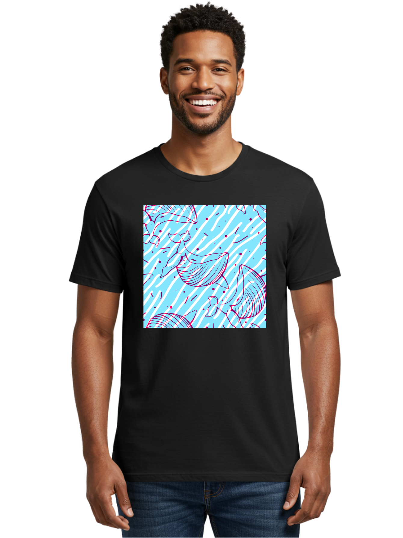 Whales-Pattern Men'S Graphic Tee, 100% Cotton, Comfortable Casual Summer Wear, Machine Washable, Whales, Abstract Pattern, Ocean Animals, Marine Life, Whimsical Design, Wavy Lines, Pink And Blue Hues, Dynamic Graphics, Playful Artwork, Aac429