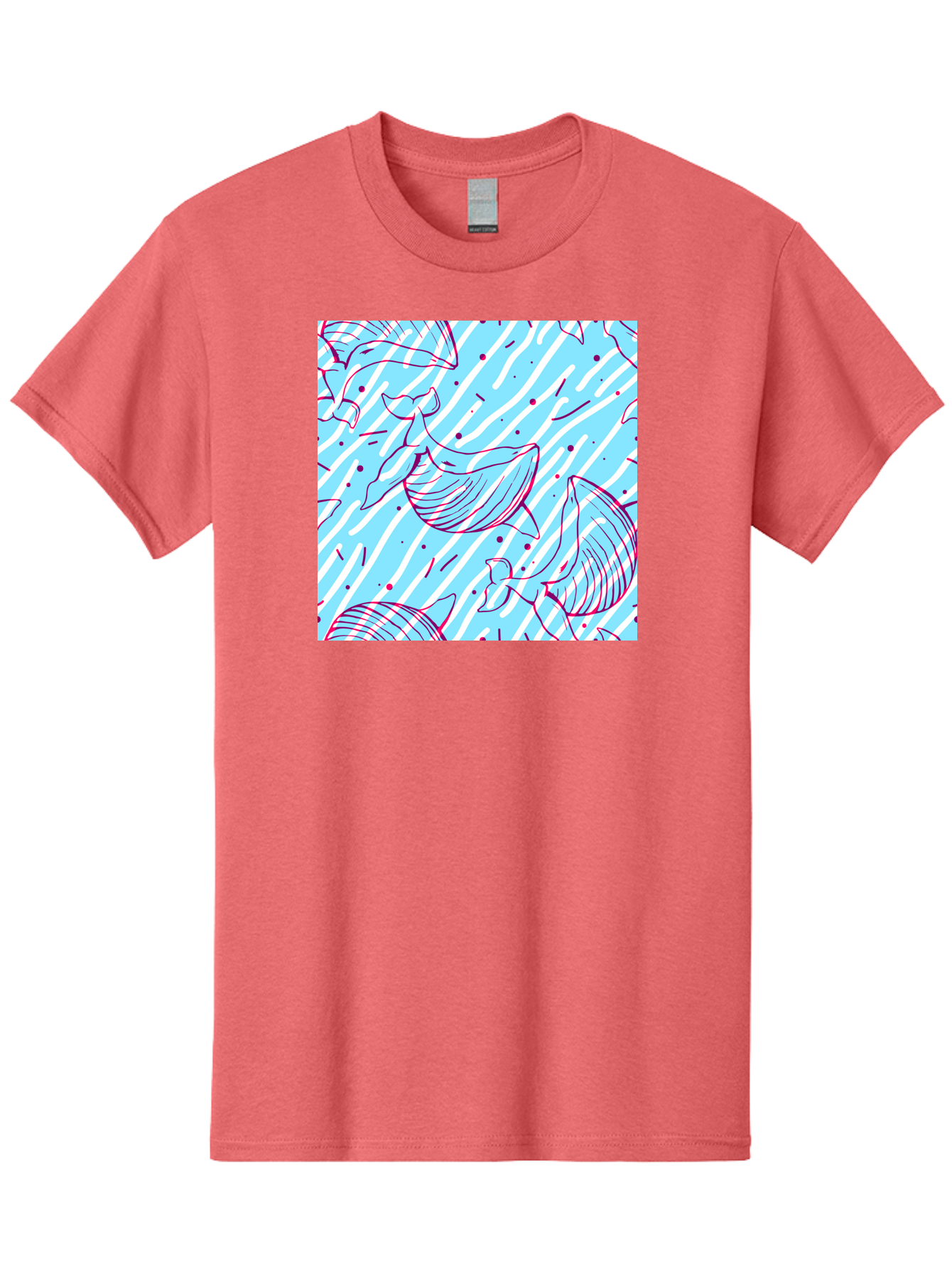 Whales-Pattern Men'S Graphic Tee, 100% Cotton, Comfortable Casual Summer Wear, Machine Washable, Whales, Abstract Pattern, Ocean Animals, Marine Life, Whimsical Design, Wavy Lines, Pink And Blue Hues, Dynamic Graphics, Playful Artwork, Aac429