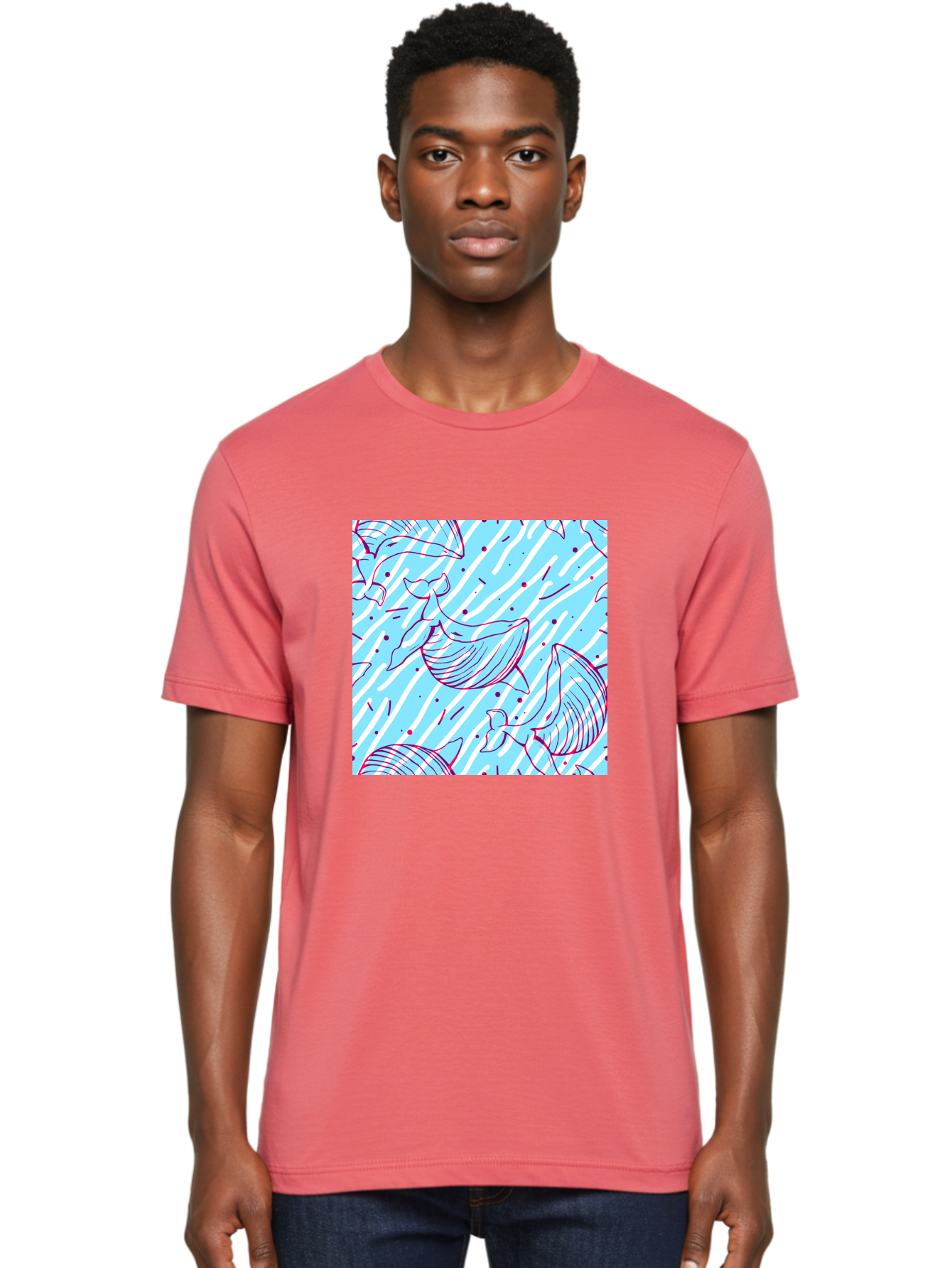 Whales-Pattern Men'S Graphic Tee, 100% Cotton, Comfortable Casual Summer Wear, Machine Washable, Whales, Abstract Pattern, Ocean Animals, Marine Life, Whimsical Design, Wavy Lines, Pink And Blue Hues, Dynamic Graphics, Playful Artwork, Aac429