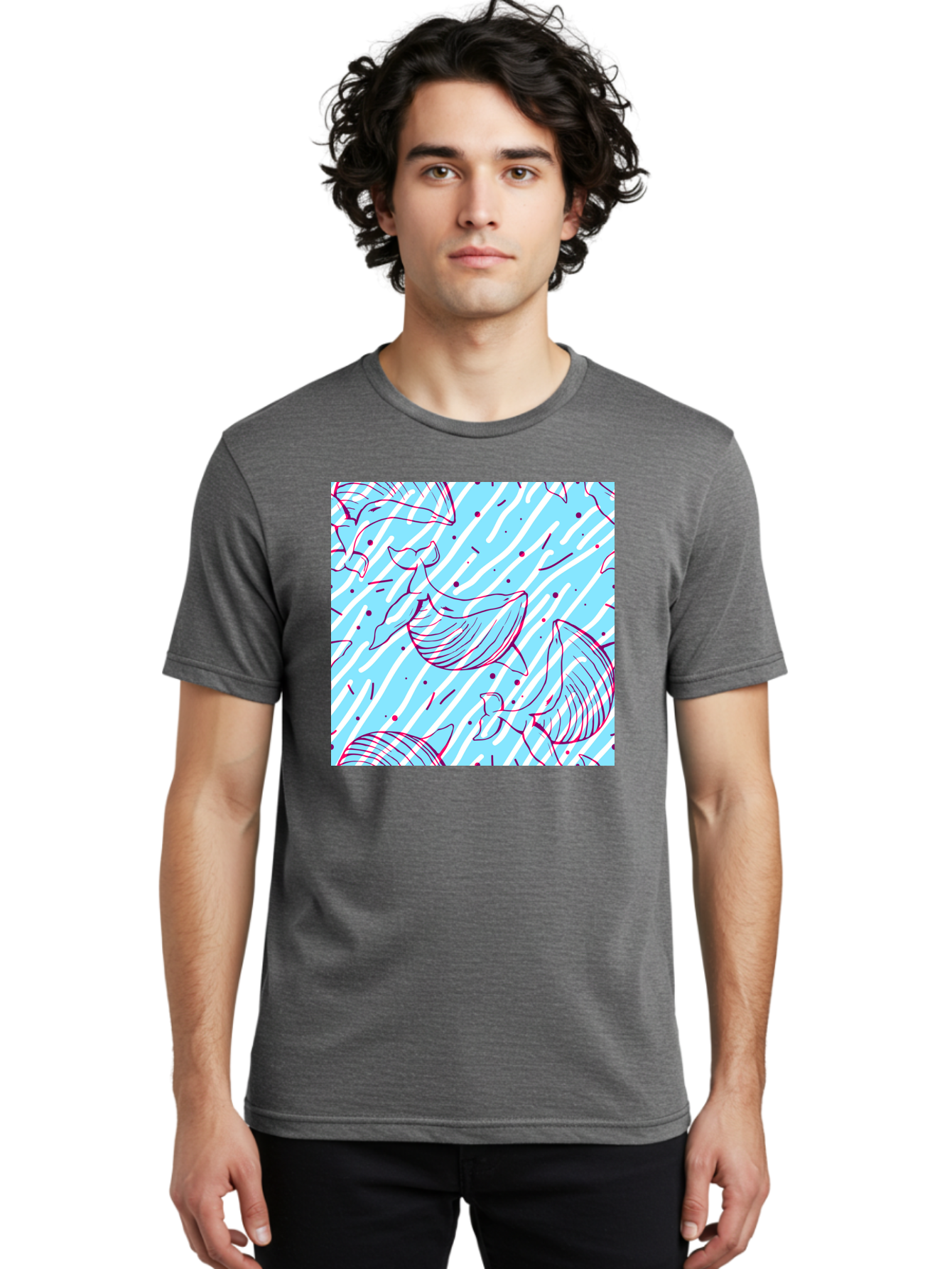 Whales-Pattern Men'S Graphic Tee, 100% Cotton, Comfortable Casual Summer Wear, Machine Washable, Whales, Abstract Pattern, Ocean Animals, Marine Life, Whimsical Design, Wavy Lines, Pink And Blue Hues, Dynamic Graphics, Playful Artwork, Aac429