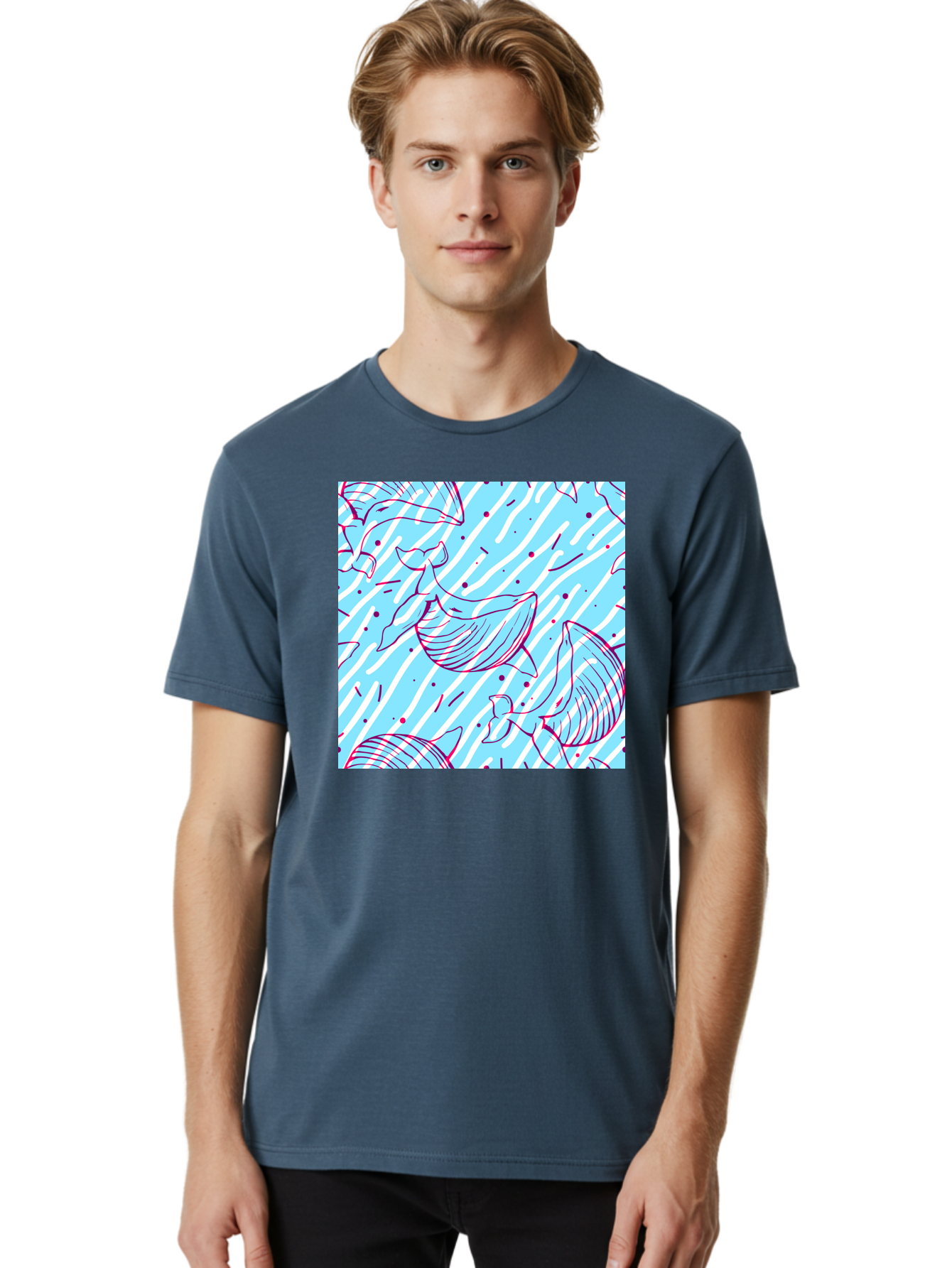 Whales-Pattern Men'S Graphic Tee, 100% Cotton, Comfortable Casual Summer Wear, Machine Washable, Whales, Abstract Pattern, Ocean Animals, Marine Life, Whimsical Design, Wavy Lines, Pink And Blue Hues, Dynamic Graphics, Playful Artwork, Aac429