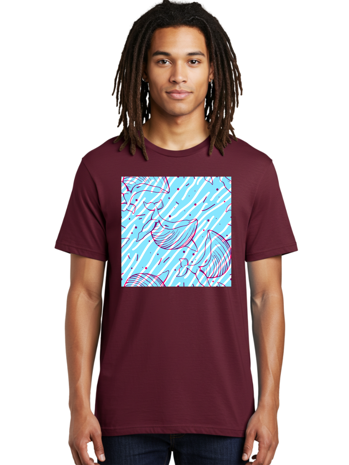 Whales-Pattern Men'S Graphic Tee, 100% Cotton, Comfortable Casual Summer Wear, Machine Washable, Whales, Abstract Pattern, Ocean Animals, Marine Life, Whimsical Design, Wavy Lines, Pink And Blue Hues, Dynamic Graphics, Playful Artwork, Aac429