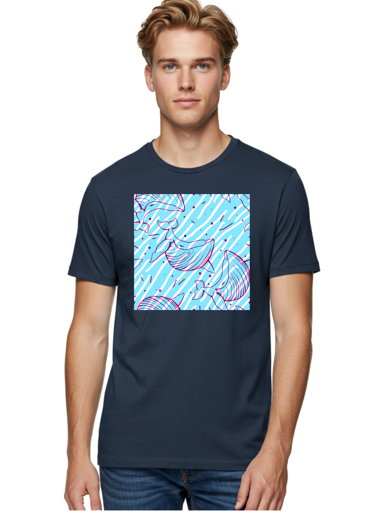 Whales-Pattern Men'S Graphic Tee, 100% Cotton, Comfortable Casual Summer Wear, Machine Washable, Whales, Abstract Pattern, Ocean Animals, Marine Life, Whimsical Design, Wavy Lines, Pink And Blue Hues, Dynamic Graphics, Playful Artwork, Aac429