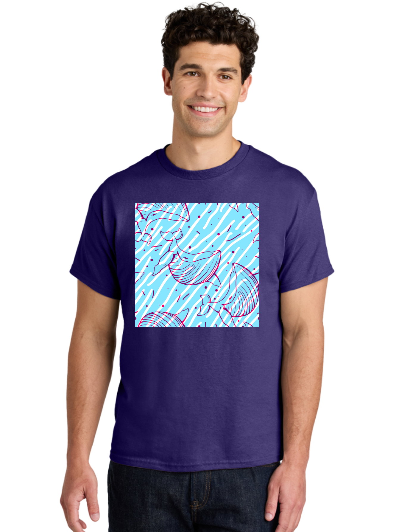 Whales-Pattern Men'S Graphic Tee, 100% Cotton, Comfortable Casual Summer Wear, Machine Washable, Whales, Abstract Pattern, Ocean Animals, Marine Life, Whimsical Design, Wavy Lines, Pink And Blue Hues, Dynamic Graphics, Playful Artwork, Aac429