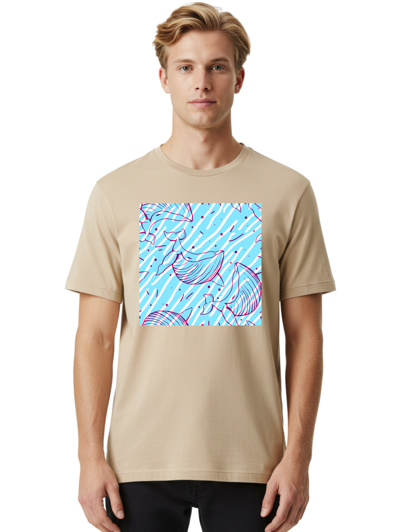 Whales-Pattern Men'S Graphic Tee, 100% Cotton, Comfortable Casual Summer Wear, Machine Washable, Whales, Abstract Pattern, Ocean Animals, Marine Life, Whimsical Design, Wavy Lines, Pink And Blue Hues, Dynamic Graphics, Playful Artwork, Aac429