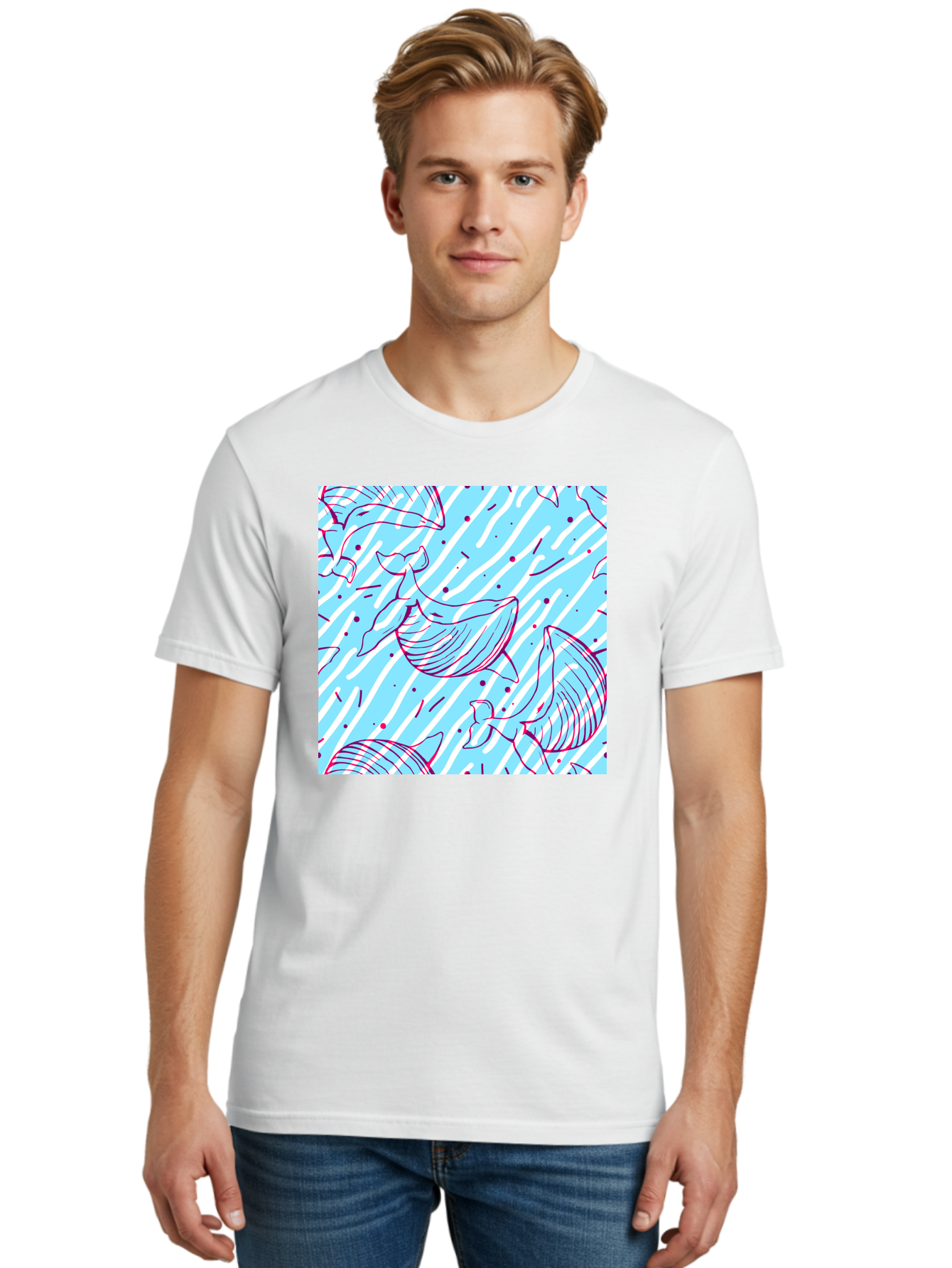Whales-Pattern Men'S Graphic Tee, 100% Cotton, Comfortable Casual Summer Wear, Machine Washable, Whales, Abstract Pattern, Ocean Animals, Marine Life, Whimsical Design, Wavy Lines, Pink And Blue Hues, Dynamic Graphics, Playful Artwork, Aac429