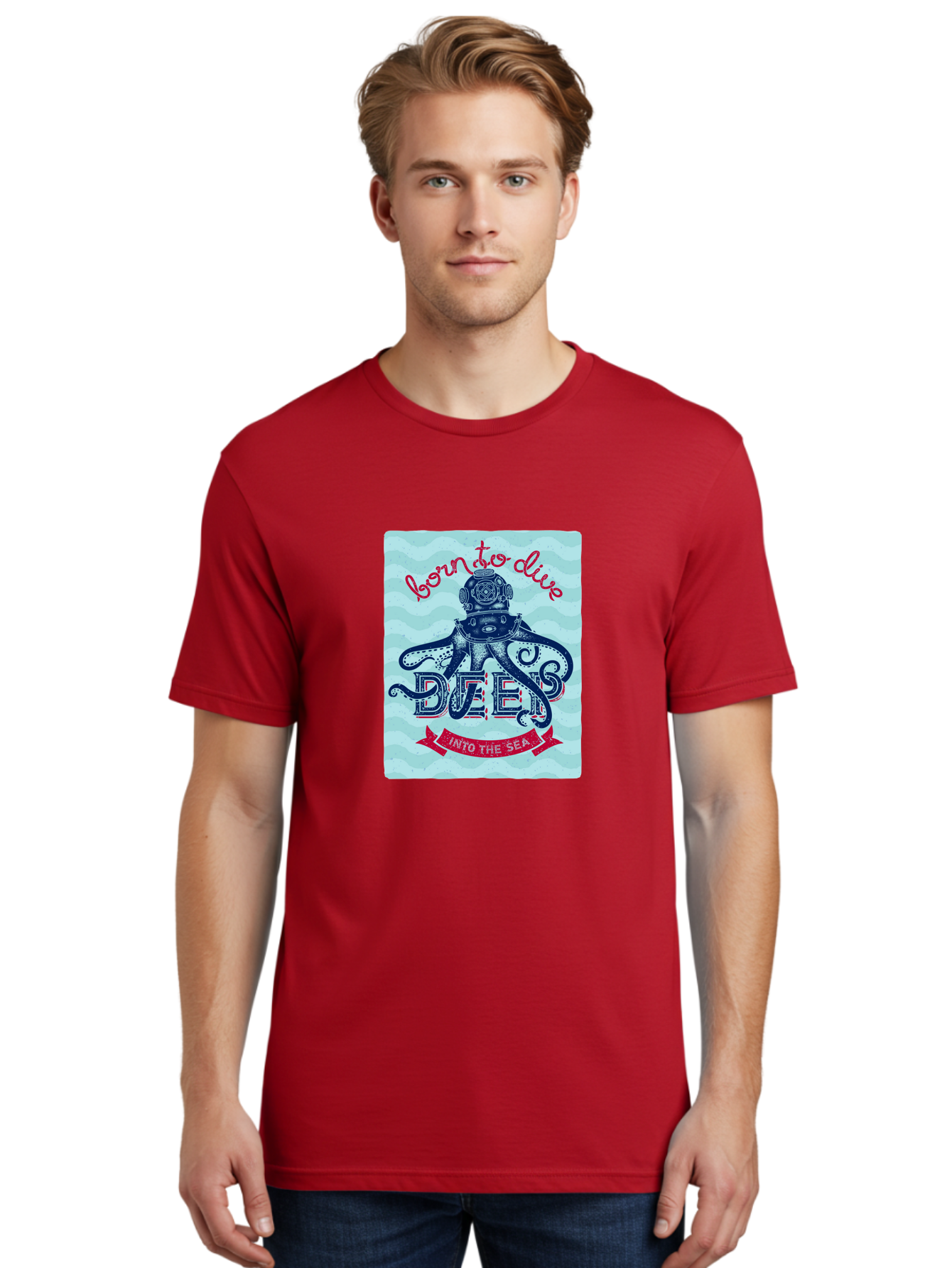 Born-To-Dive-1 Men'S Graphic Tee, 100% Cotton, Comfortable Casual Summer Wear, Machine Washable, Scuba Diving, Underwater Adventure, Diving Enthusiast, Octopus With Scuba Gear, Deep Sea Exploration, Ocean Lover, Vintage Style, Sea Creatures, Aac430