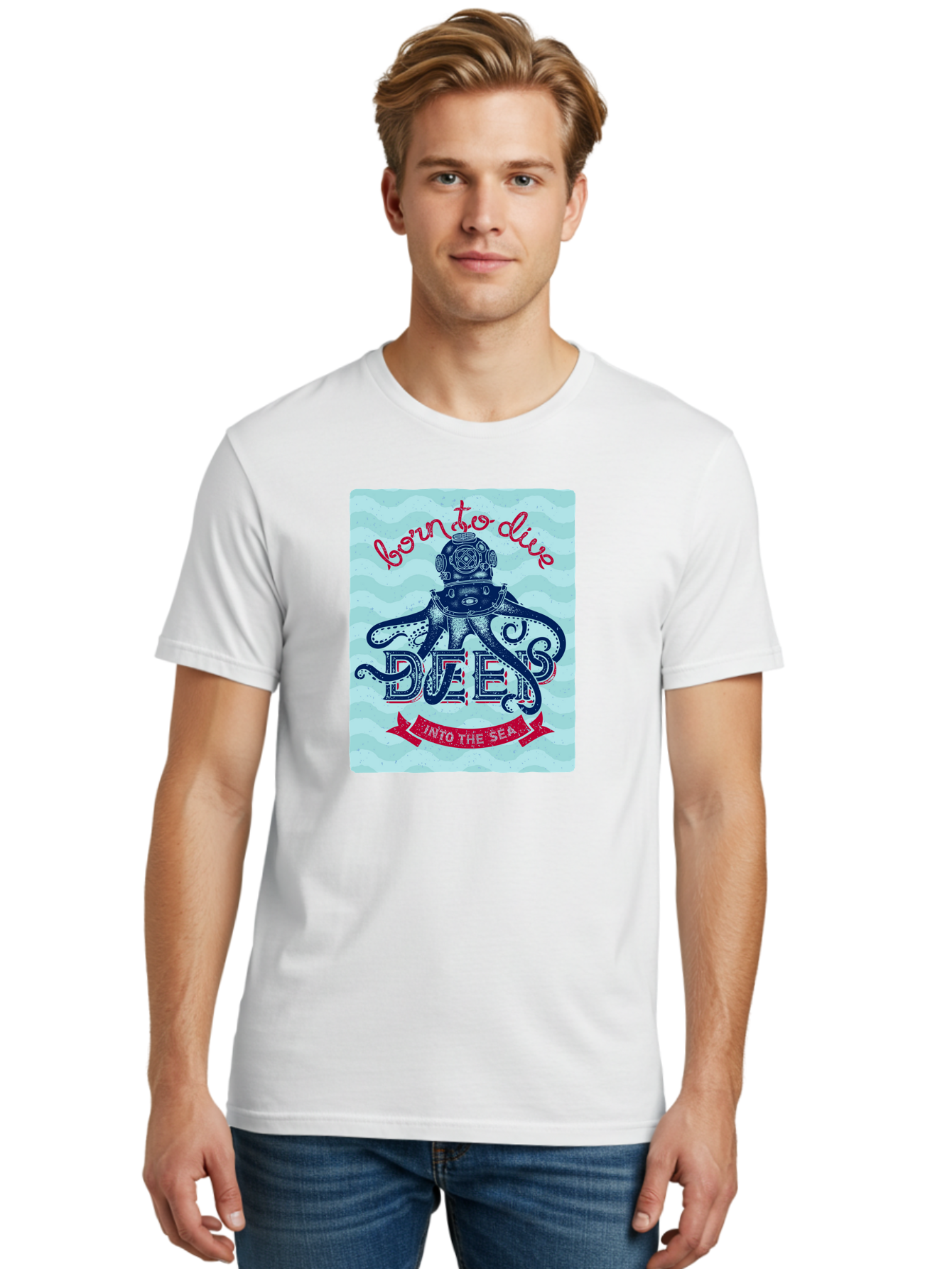 Born-To-Dive-1 Men'S Graphic Tee, 100% Cotton, Comfortable Casual Summer Wear, Machine Washable, Scuba Diving, Underwater Adventure, Diving Enthusiast, Octopus With Scuba Gear, Deep Sea Exploration, Ocean Lover, Vintage Style, Sea Creatures, Aac430