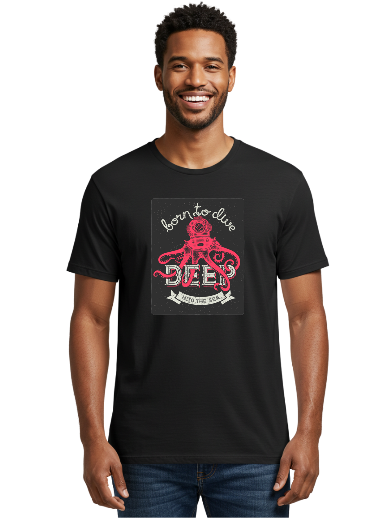 Born-To-Dive-2 Men'S Graphic Tee, 100% Cotton, Comfortable Casual Summer Wear, Machine Washable, Scuba Diver, Octopus, Underwater Adventure, Deep Sea, Diving Passion, Ocean Exploration, Sea Creatures, Nautical Art, Vintage Design Aac431