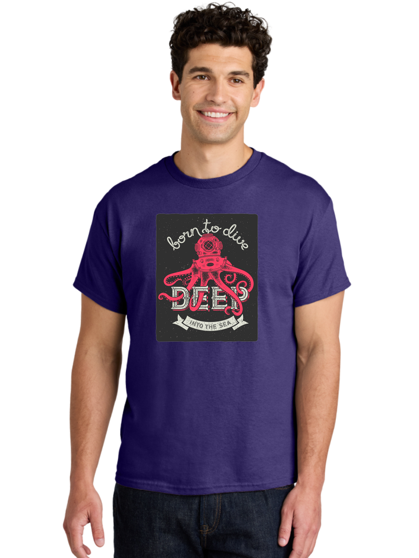 Born-To-Dive-2 Men'S Graphic Tee, 100% Cotton, Comfortable Casual Summer Wear, Machine Washable, Scuba Diver, Octopus, Underwater Adventure, Deep Sea, Diving Passion, Ocean Exploration, Sea Creatures, Nautical Art, Vintage Design Aac431