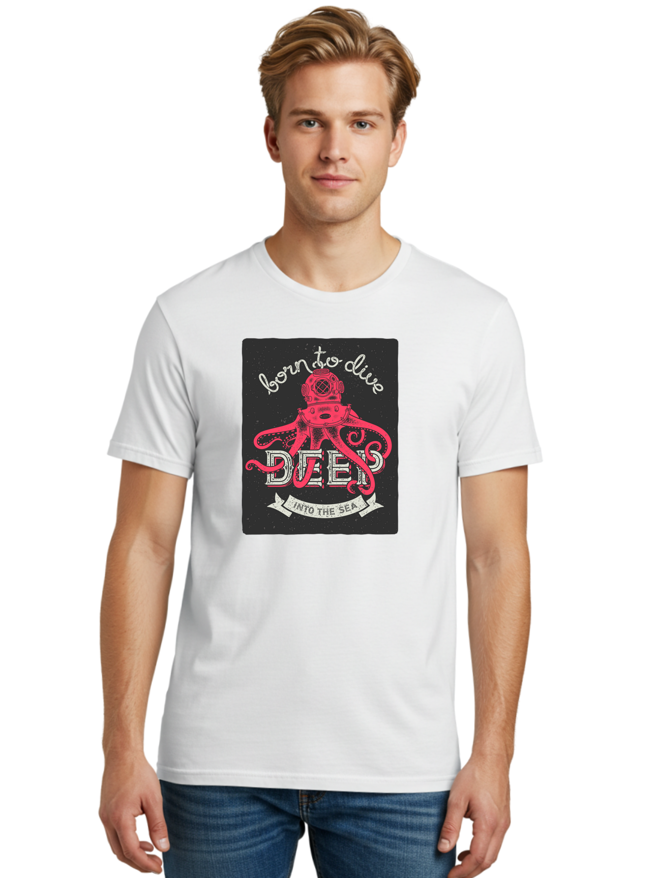 Born-To-Dive-2 Men'S Graphic Tee, 100% Cotton, Comfortable Casual Summer Wear, Machine Washable, Scuba Diver, Octopus, Underwater Adventure, Deep Sea, Diving Passion, Ocean Exploration, Sea Creatures, Nautical Art, Vintage Design Aac431