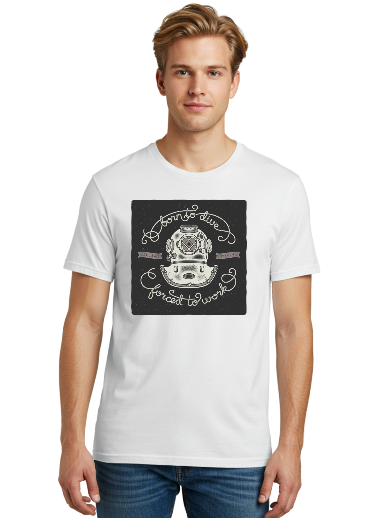 Born-To-Dive-3 Men'S Graphic Tee, 100% Cotton, Comfortable Casual Summer Wear, Machine Washable, Scuba Diver, Diving Helmet, Underwater Exploration, Ocean Adventure, Vintage Diving Gear, Motivational Quote, Typography Art, Nautical Theme, Aac432