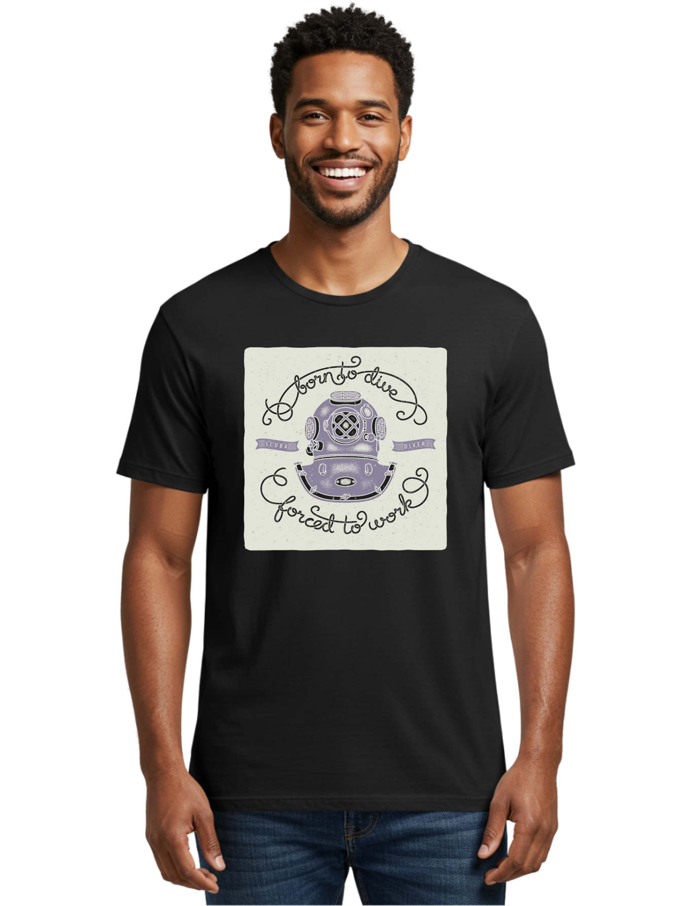Born-To-Dive Men'S Graphic Tee, 100% Cotton, Comfortable Casual Summer Wear, Machine Washable, Scuba Diver, Diving Helmet, Underwater Adventure, Ocean Exploration, Vintage Diving Gear, Scuba Diving, Diver'S Life, Born To Dive, Forced To Work, Aac433