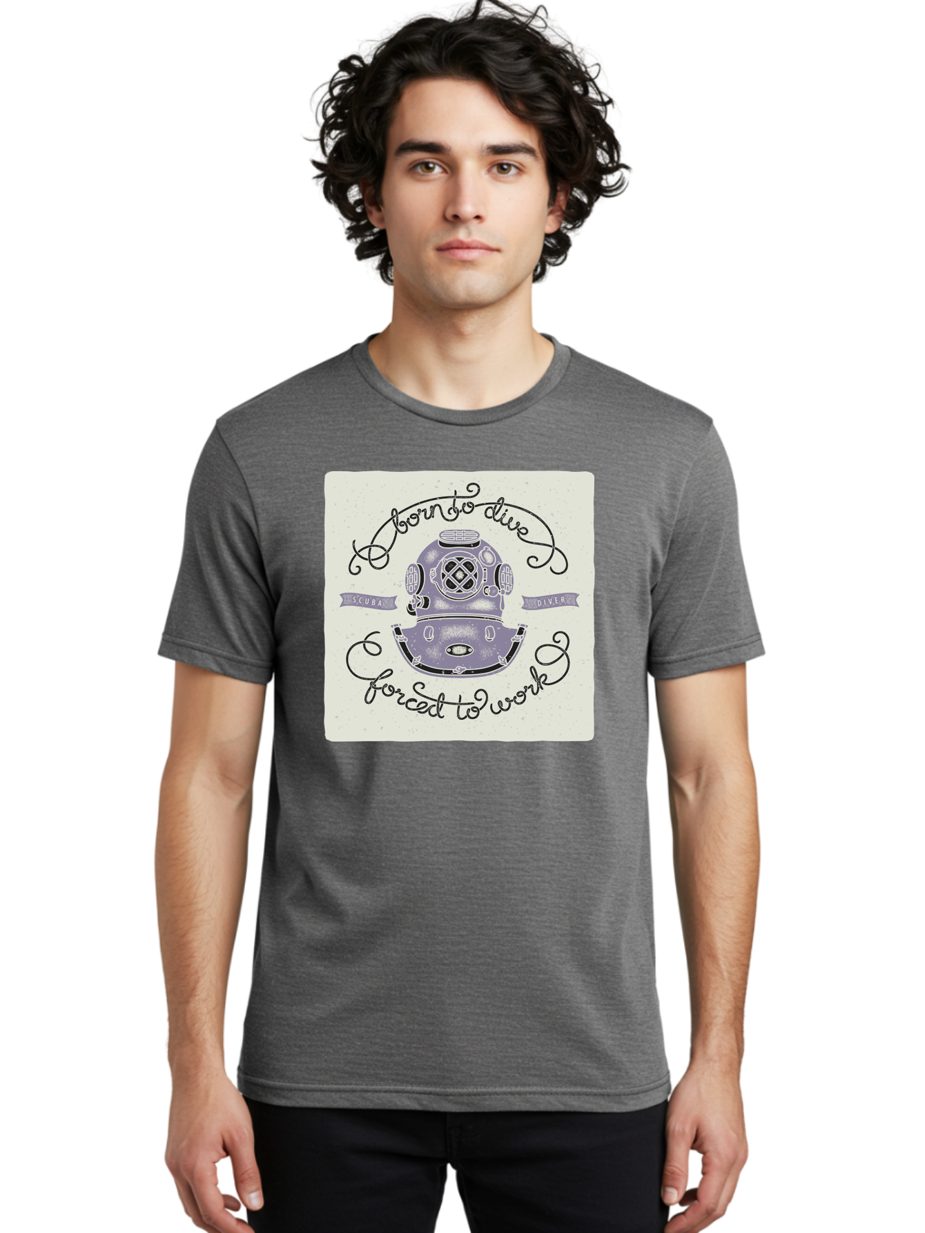 Born-To-Dive Men'S Graphic Tee, 100% Cotton, Comfortable Casual Summer Wear, Machine Washable, Scuba Diver, Diving Helmet, Underwater Adventure, Ocean Exploration, Vintage Diving Gear, Scuba Diving, Diver'S Life, Born To Dive, Forced To Work, Aac433