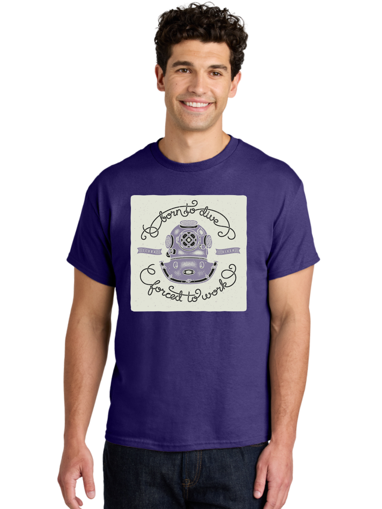 Born-To-Dive Men'S Graphic Tee, 100% Cotton, Comfortable Casual Summer Wear, Machine Washable, Scuba Diver, Diving Helmet, Underwater Adventure, Ocean Exploration, Vintage Diving Gear, Scuba Diving, Diver'S Life, Born To Dive, Forced To Work, Aac433