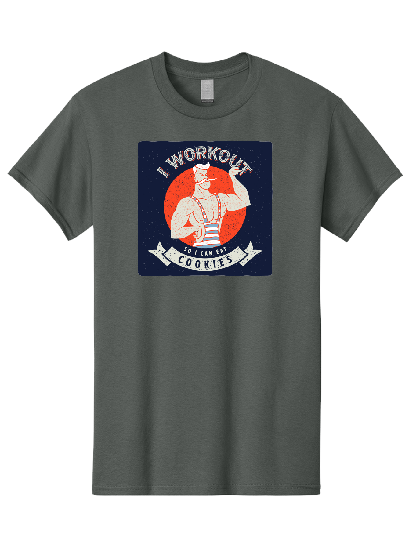 Cookie-Lover-Workout Men'S Graphic Tee, 100% Cotton, Comfortable Casual Summer Wear, Machine Washable, Funny Fitness Quote, Workout Humor, Cookie Lover, Vintage Style Illustration, Muscular Man, Handlebar Mustache, Retro Graphic Design, Aac434