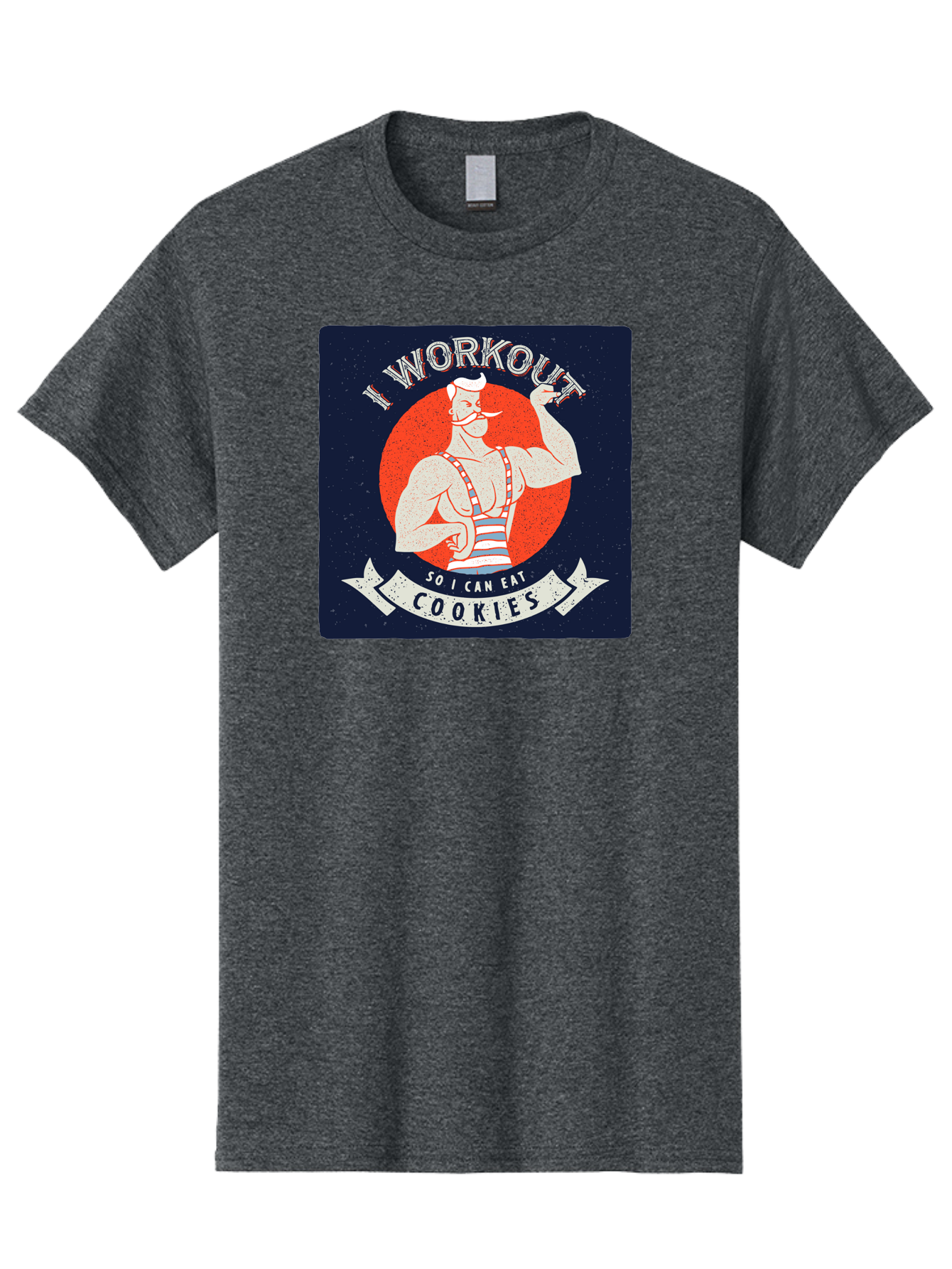Cookie-Lover-Workout Men'S Graphic Tee, 100% Cotton, Comfortable Casual Summer Wear, Machine Washable, Funny Fitness Quote, Workout Humor, Cookie Lover, Vintage Style Illustration, Muscular Man, Handlebar Mustache, Retro Graphic Design, Aac434