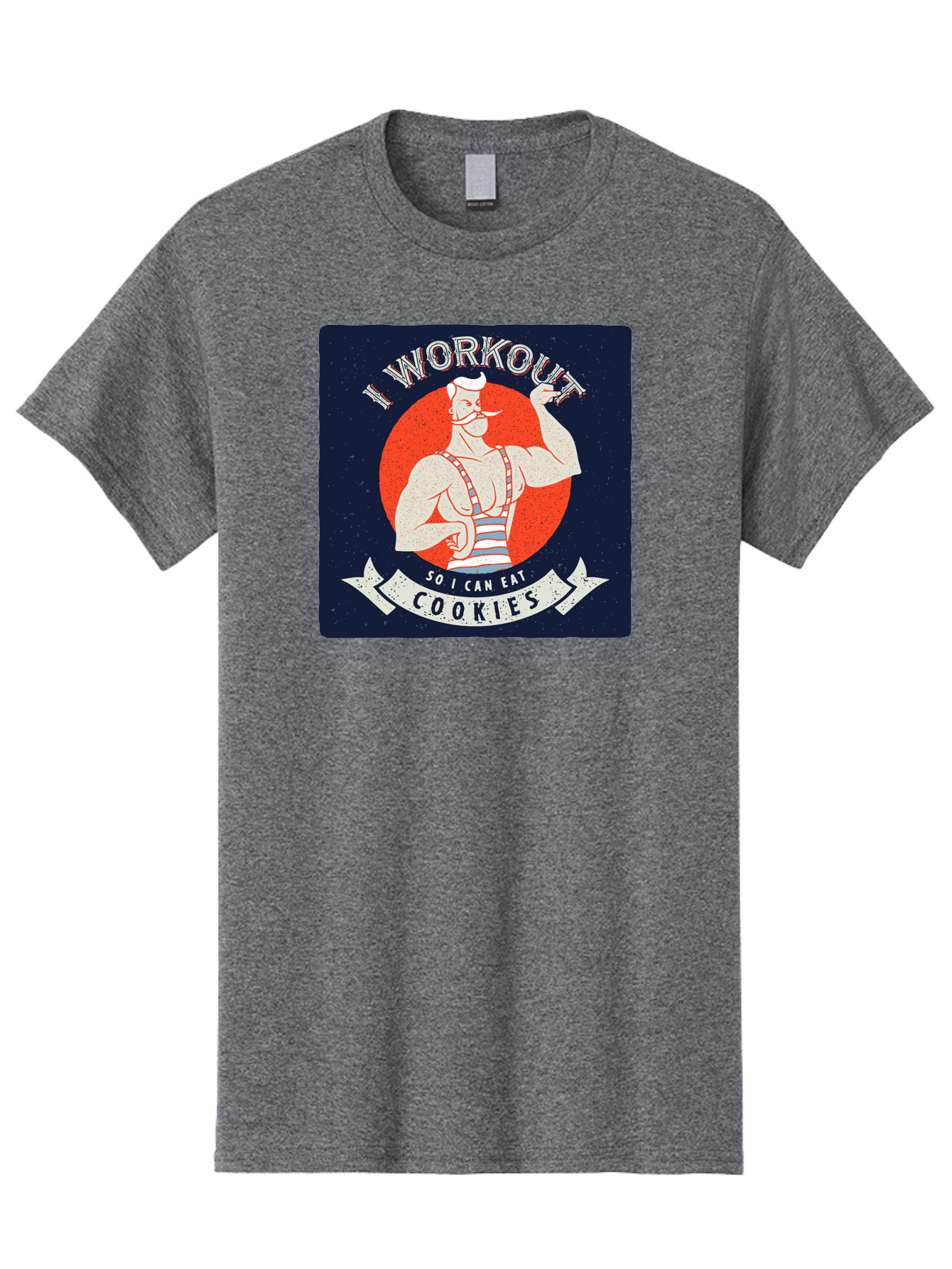 Cookie-Lover-Workout Men'S Graphic Tee, 100% Cotton, Comfortable Casual Summer Wear, Machine Washable, Funny Fitness Quote, Workout Humor, Cookie Lover, Vintage Style Illustration, Muscular Man, Handlebar Mustache, Retro Graphic Design, Aac434