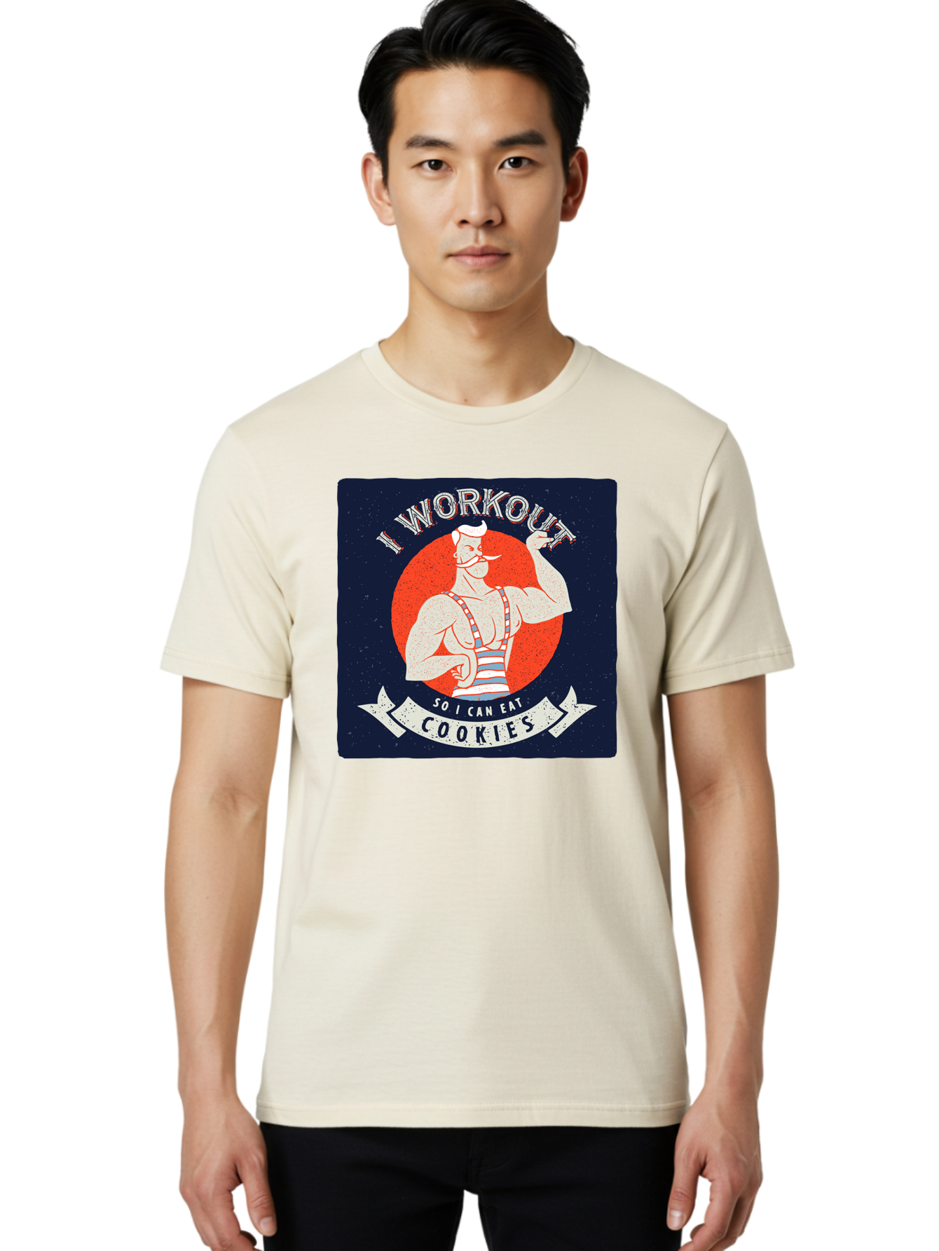 Cookie-Lover-Workout Men'S Graphic Tee, 100% Cotton, Comfortable Casual Summer Wear, Machine Washable, Funny Fitness Quote, Workout Humor, Cookie Lover, Vintage Style Illustration, Muscular Man, Handlebar Mustache, Retro Graphic Design, Aac434