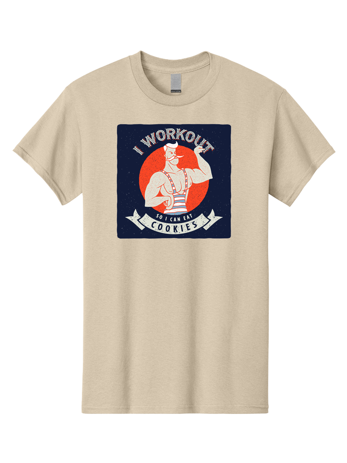 Cookie-Lover-Workout Men'S Graphic Tee, 100% Cotton, Comfortable Casual Summer Wear, Machine Washable, Funny Fitness Quote, Workout Humor, Cookie Lover, Vintage Style Illustration, Muscular Man, Handlebar Mustache, Retro Graphic Design, Aac434