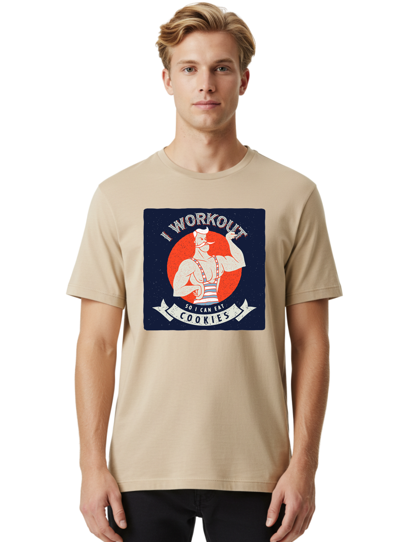 Cookie-Lover-Workout Men'S Graphic Tee, 100% Cotton, Comfortable Casual Summer Wear, Machine Washable, Funny Fitness Quote, Workout Humor, Cookie Lover, Vintage Style Illustration, Muscular Man, Handlebar Mustache, Retro Graphic Design, Aac434