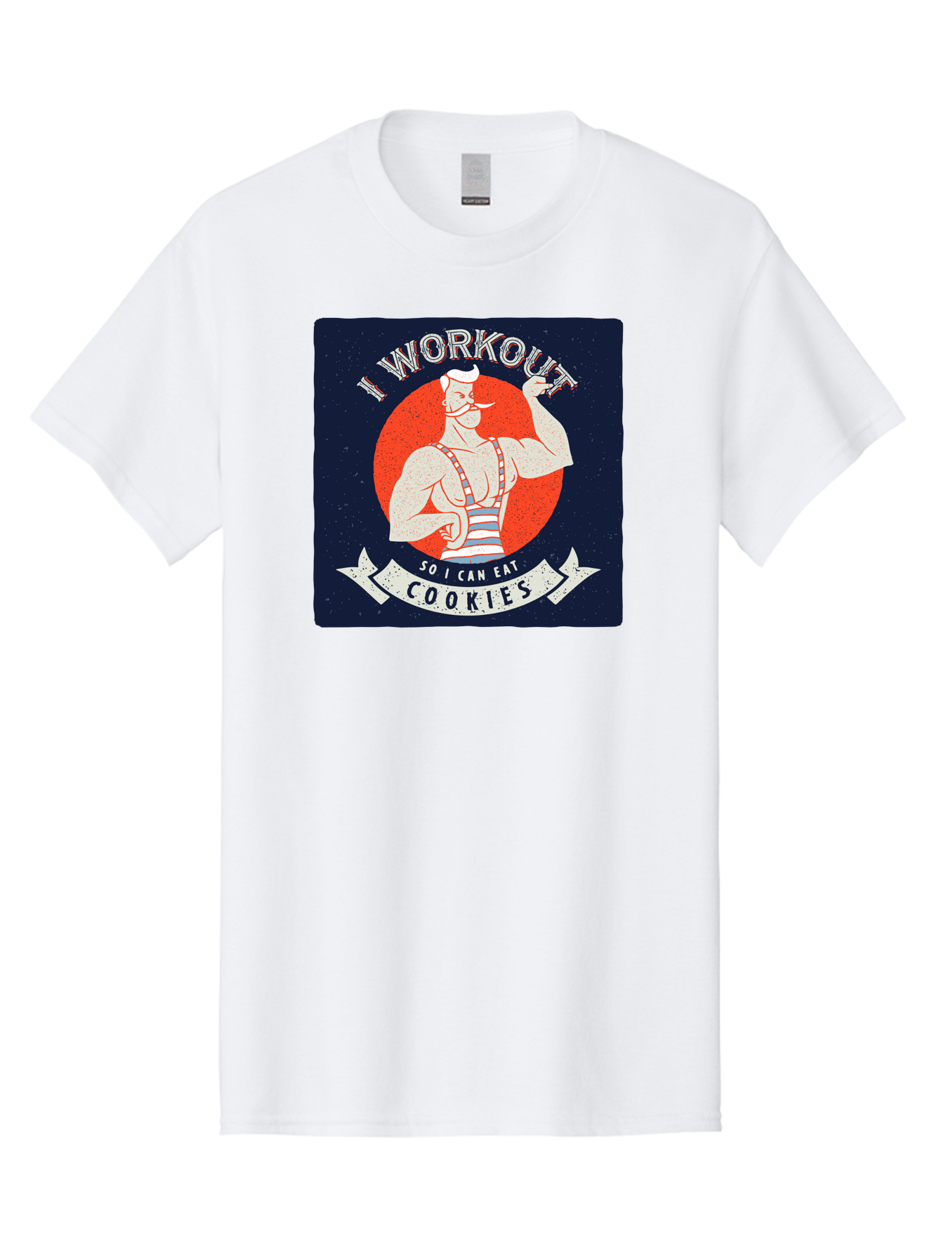 Cookie-Lover-Workout Men'S Graphic Tee, 100% Cotton, Comfortable Casual Summer Wear, Machine Washable, Funny Fitness Quote, Workout Humor, Cookie Lover, Vintage Style Illustration, Muscular Man, Handlebar Mustache, Retro Graphic Design, Aac434