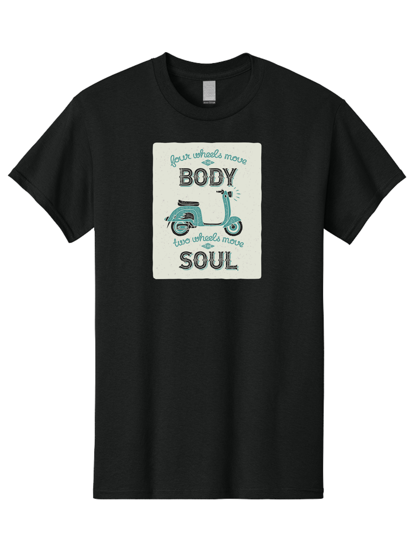 Four-Wheels-Move-The-Body-Two-Wheels-Move-The-Soul-1 Men'S Graphic Tee, 100% Cotton, Comfortable Casual Summer Wear, Machine Washable, Vintage Scooter, Retro Design, Quote About Soul, Bike Enthusiast, Motor Scooter, Scooter Lover, Aac435
