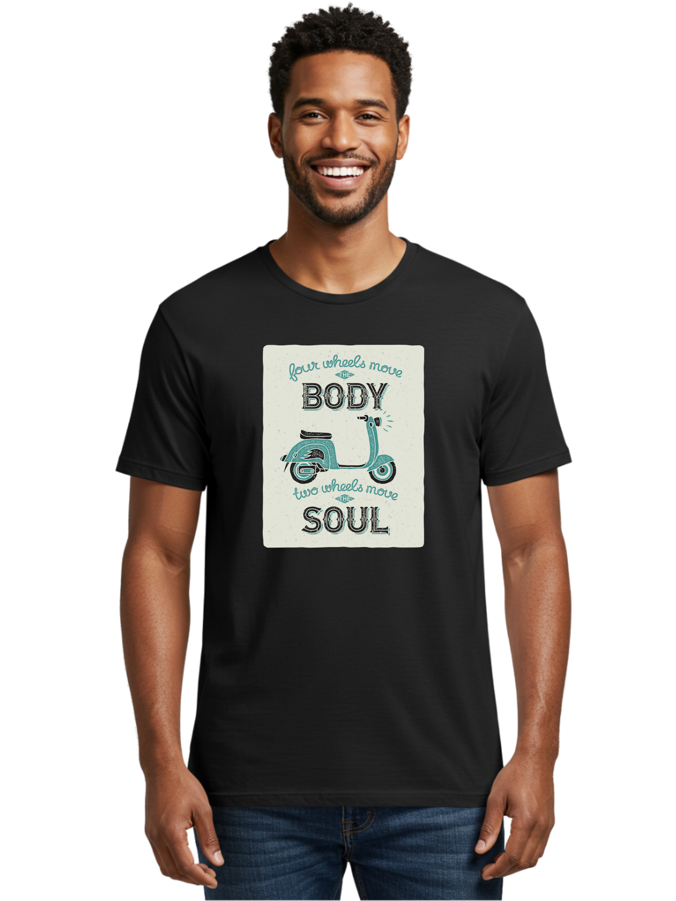 Four-Wheels-Move-The-Body-Two-Wheels-Move-The-Soul-1 Men'S Graphic Tee, 100% Cotton, Comfortable Casual Summer Wear, Machine Washable, Vintage Scooter, Retro Design, Quote About Soul, Bike Enthusiast, Motor Scooter, Scooter Lover, Aac435