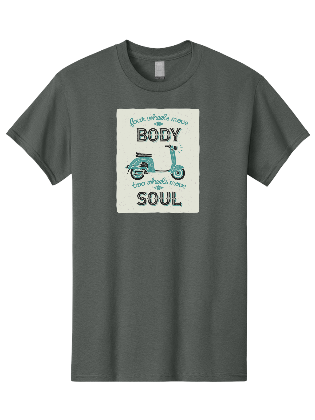 Four-Wheels-Move-The-Body-Two-Wheels-Move-The-Soul-1 Men'S Graphic Tee, 100% Cotton, Comfortable Casual Summer Wear, Machine Washable, Vintage Scooter, Retro Design, Quote About Soul, Bike Enthusiast, Motor Scooter, Scooter Lover, Aac435