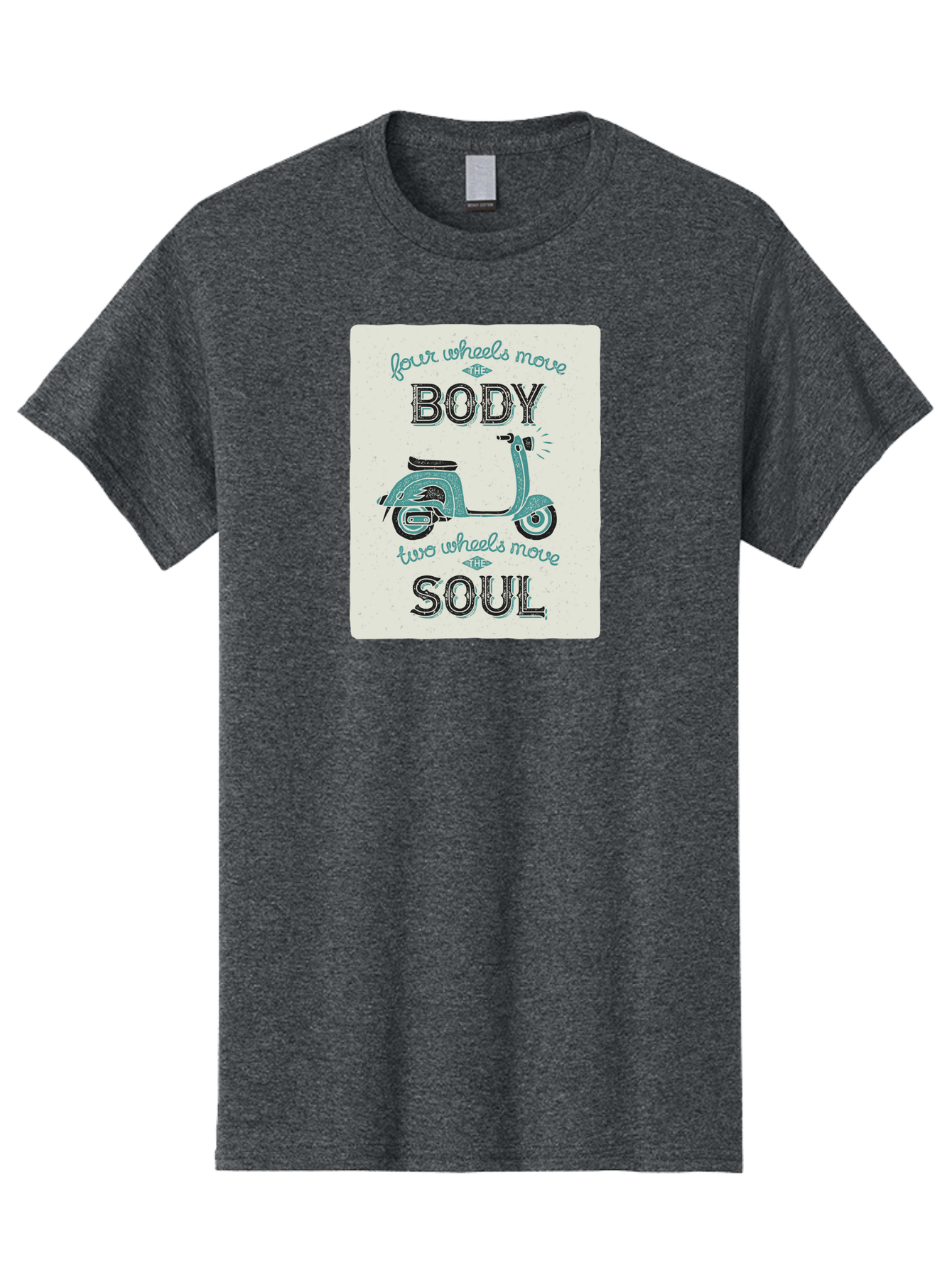Four-Wheels-Move-The-Body-Two-Wheels-Move-The-Soul-1 Men'S Graphic Tee, 100% Cotton, Comfortable Casual Summer Wear, Machine Washable, Vintage Scooter, Retro Design, Quote About Soul, Bike Enthusiast, Motor Scooter, Scooter Lover, Aac435