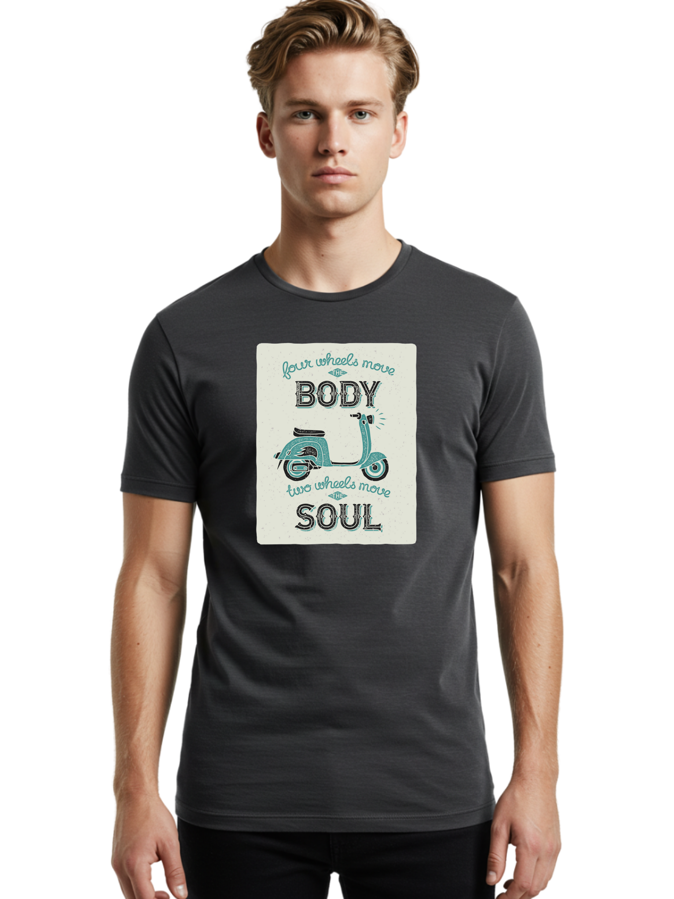 Four-Wheels-Move-The-Body-Two-Wheels-Move-The-Soul-1 Men'S Graphic Tee, 100% Cotton, Comfortable Casual Summer Wear, Machine Washable, Vintage Scooter, Retro Design, Quote About Soul, Bike Enthusiast, Motor Scooter, Scooter Lover, Aac435