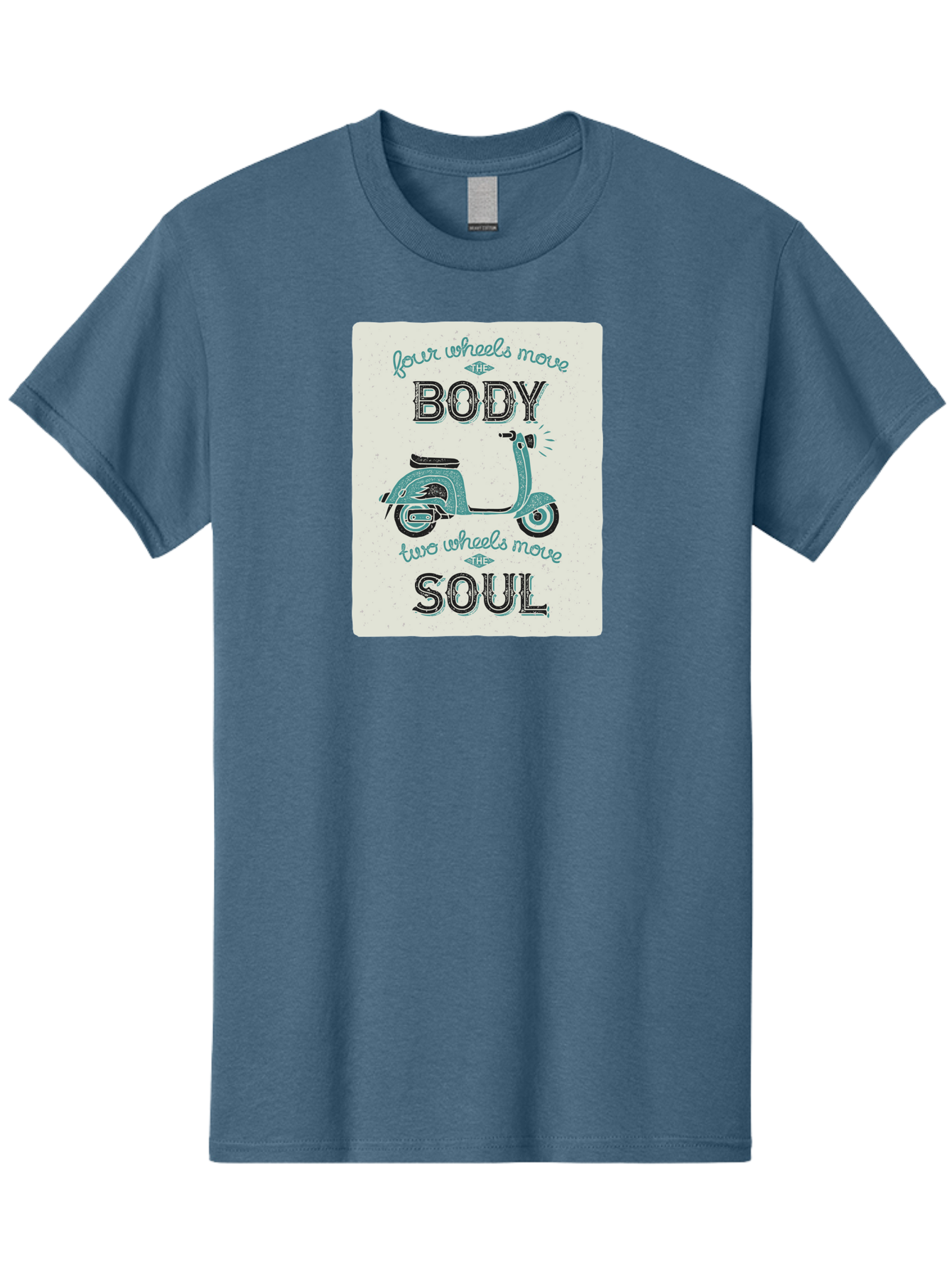 Four-Wheels-Move-The-Body-Two-Wheels-Move-The-Soul-1 Men'S Graphic Tee, 100% Cotton, Comfortable Casual Summer Wear, Machine Washable, Vintage Scooter, Retro Design, Quote About Soul, Bike Enthusiast, Motor Scooter, Scooter Lover, Aac435