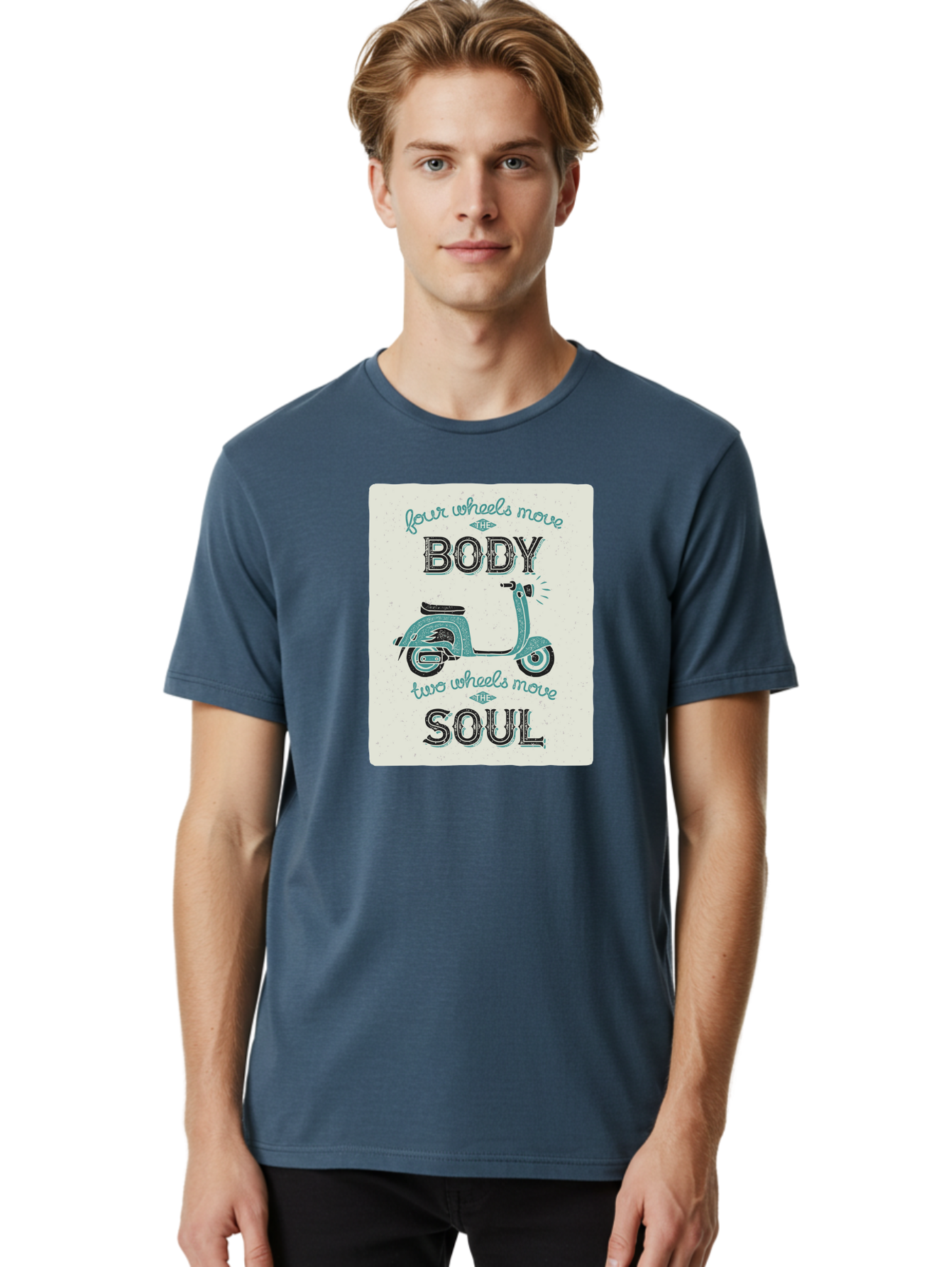 Four-Wheels-Move-The-Body-Two-Wheels-Move-The-Soul-1 Men'S Graphic Tee, 100% Cotton, Comfortable Casual Summer Wear, Machine Washable, Vintage Scooter, Retro Design, Quote About Soul, Bike Enthusiast, Motor Scooter, Scooter Lover, Aac435