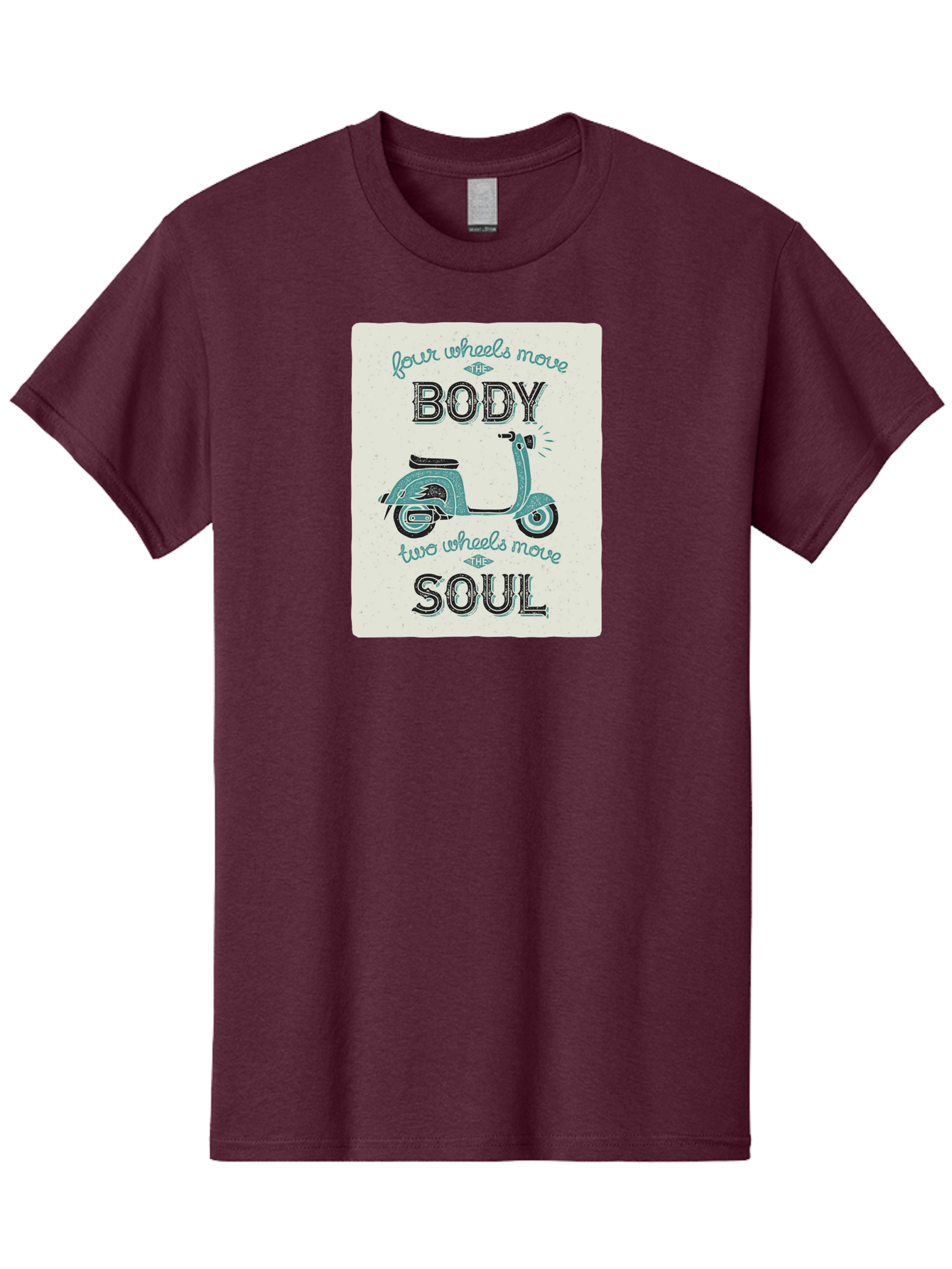 Four-Wheels-Move-The-Body-Two-Wheels-Move-The-Soul-1 Men'S Graphic Tee, 100% Cotton, Comfortable Casual Summer Wear, Machine Washable, Vintage Scooter, Retro Design, Quote About Soul, Bike Enthusiast, Motor Scooter, Scooter Lover, Aac435