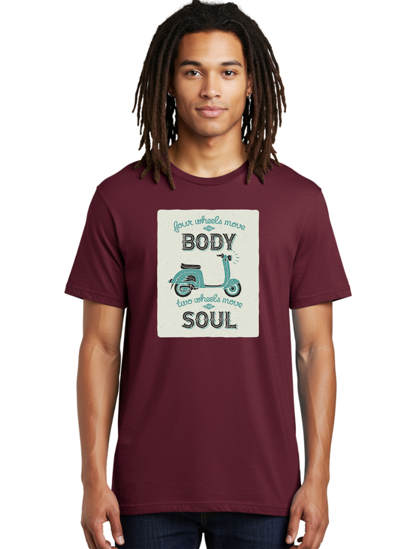 Four-Wheels-Move-The-Body-Two-Wheels-Move-The-Soul-1 Men'S Graphic Tee, 100% Cotton, Comfortable Casual Summer Wear, Machine Washable, Vintage Scooter, Retro Design, Quote About Soul, Bike Enthusiast, Motor Scooter, Scooter Lover, Aac435