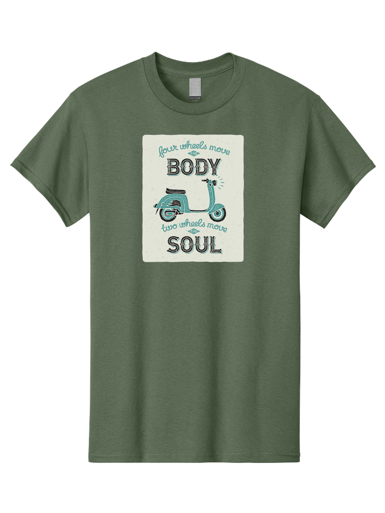 Four-Wheels-Move-The-Body-Two-Wheels-Move-The-Soul-1 Men'S Graphic Tee, 100% Cotton, Comfortable Casual Summer Wear, Machine Washable, Vintage Scooter, Retro Design, Quote About Soul, Bike Enthusiast, Motor Scooter, Scooter Lover, Aac435