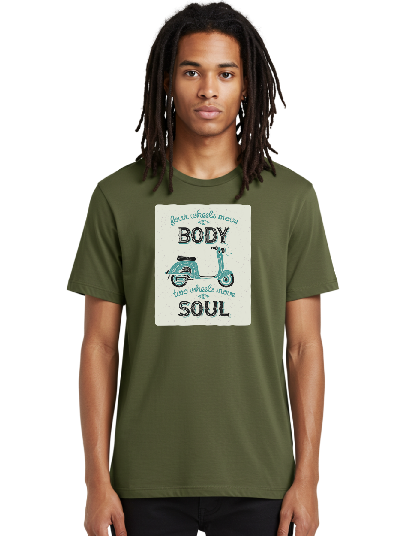 Four-Wheels-Move-The-Body-Two-Wheels-Move-The-Soul-1 Men'S Graphic Tee, 100% Cotton, Comfortable Casual Summer Wear, Machine Washable, Vintage Scooter, Retro Design, Quote About Soul, Bike Enthusiast, Motor Scooter, Scooter Lover, Aac435