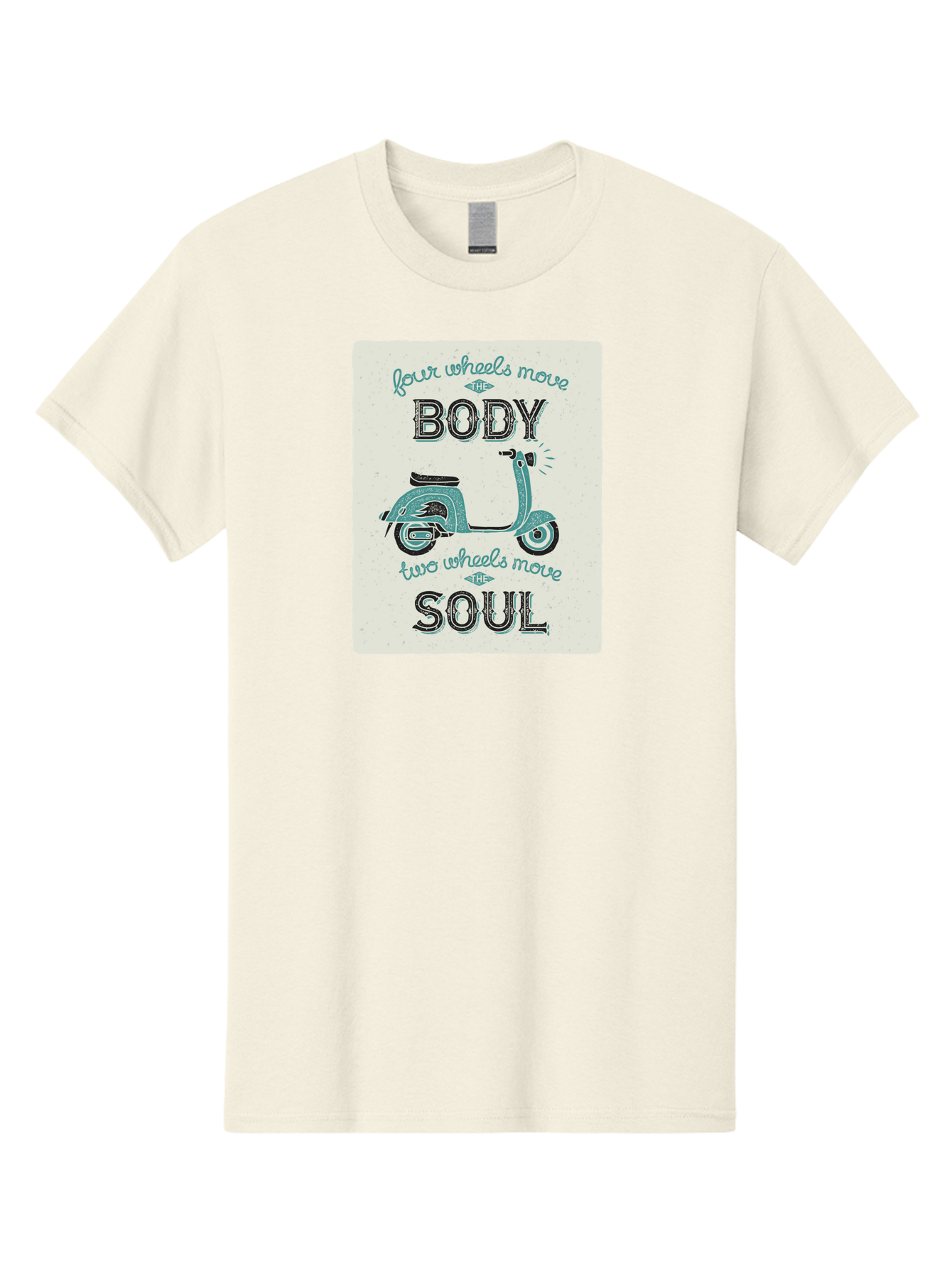 Four-Wheels-Move-The-Body-Two-Wheels-Move-The-Soul-1 Men'S Graphic Tee, 100% Cotton, Comfortable Casual Summer Wear, Machine Washable, Vintage Scooter, Retro Design, Quote About Soul, Bike Enthusiast, Motor Scooter, Scooter Lover, Aac435