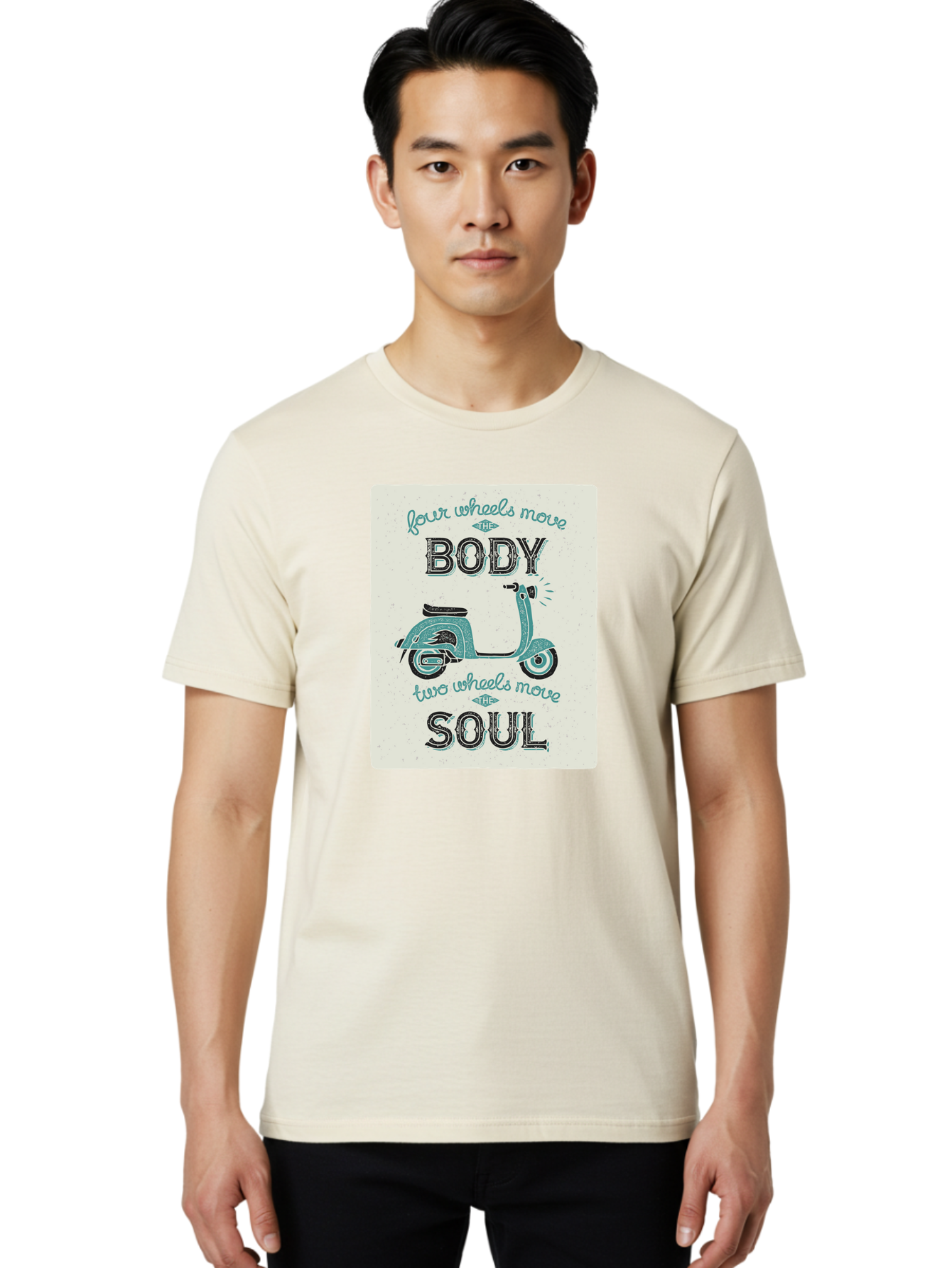 Four-Wheels-Move-The-Body-Two-Wheels-Move-The-Soul-1 Men'S Graphic Tee, 100% Cotton, Comfortable Casual Summer Wear, Machine Washable, Vintage Scooter, Retro Design, Quote About Soul, Bike Enthusiast, Motor Scooter, Scooter Lover, Aac435