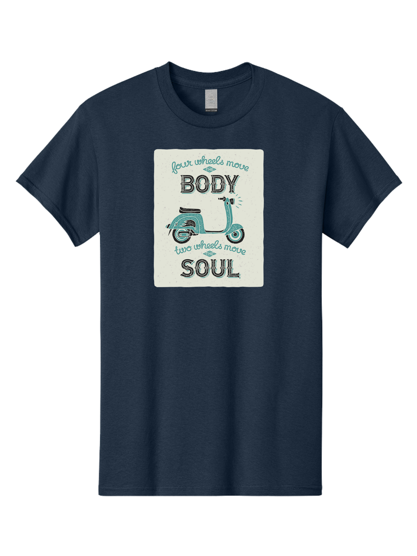Four-Wheels-Move-The-Body-Two-Wheels-Move-The-Soul-1 Men'S Graphic Tee, 100% Cotton, Comfortable Casual Summer Wear, Machine Washable, Vintage Scooter, Retro Design, Quote About Soul, Bike Enthusiast, Motor Scooter, Scooter Lover, Aac435