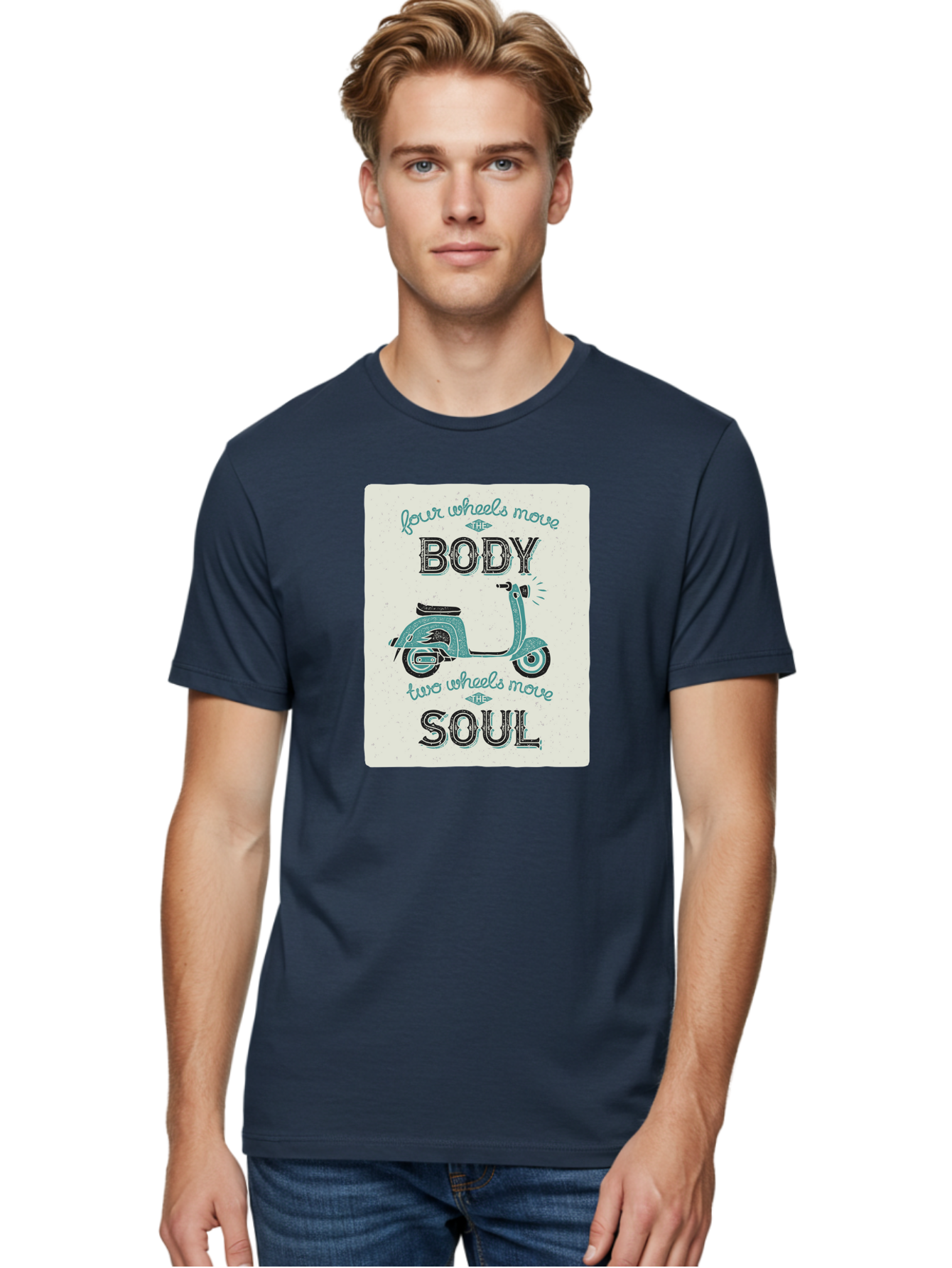 Four-Wheels-Move-The-Body-Two-Wheels-Move-The-Soul-1 Men'S Graphic Tee, 100% Cotton, Comfortable Casual Summer Wear, Machine Washable, Vintage Scooter, Retro Design, Quote About Soul, Bike Enthusiast, Motor Scooter, Scooter Lover, Aac435